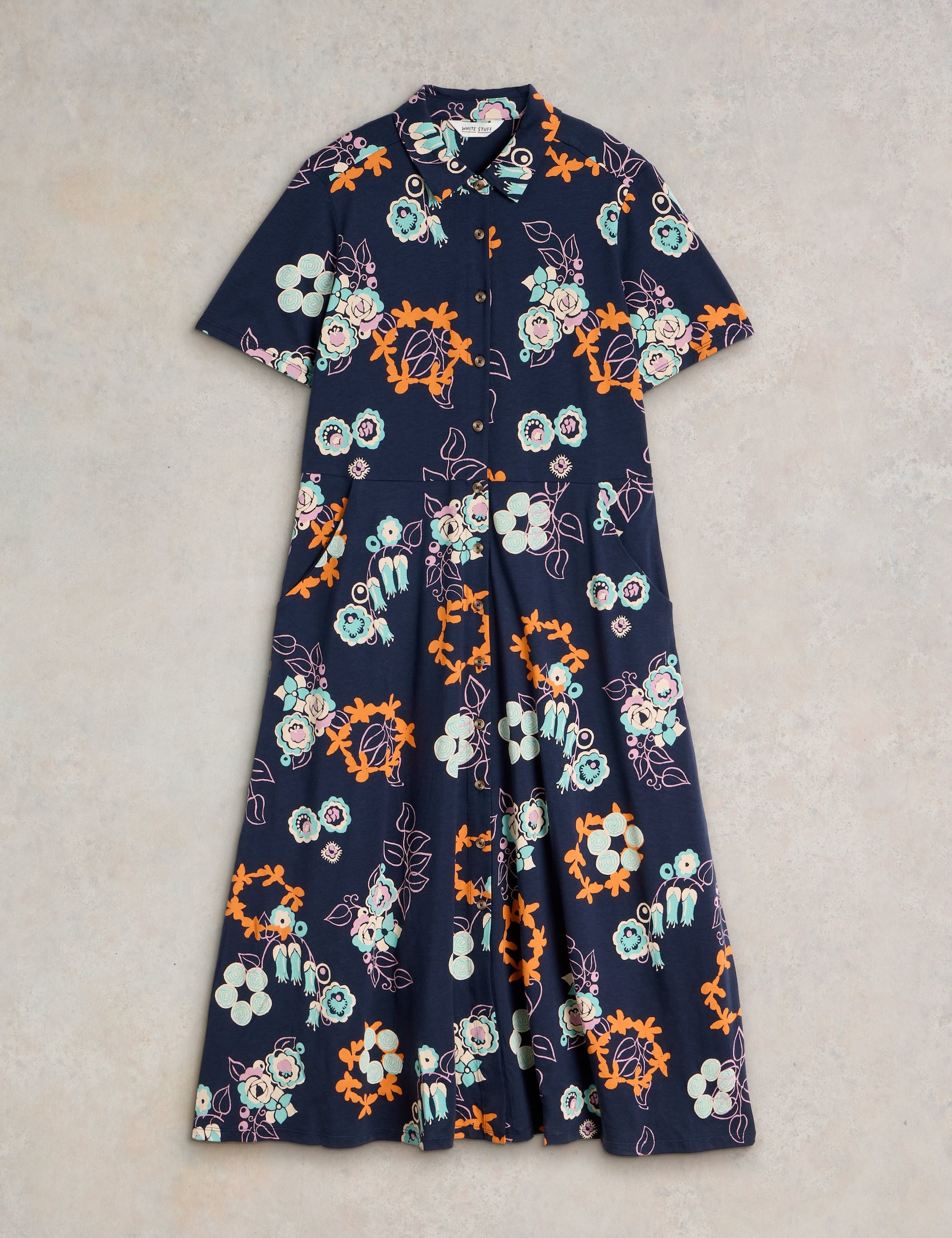 Cotton Blend Jersey Printed Midi Shirt Dress 2 of 6