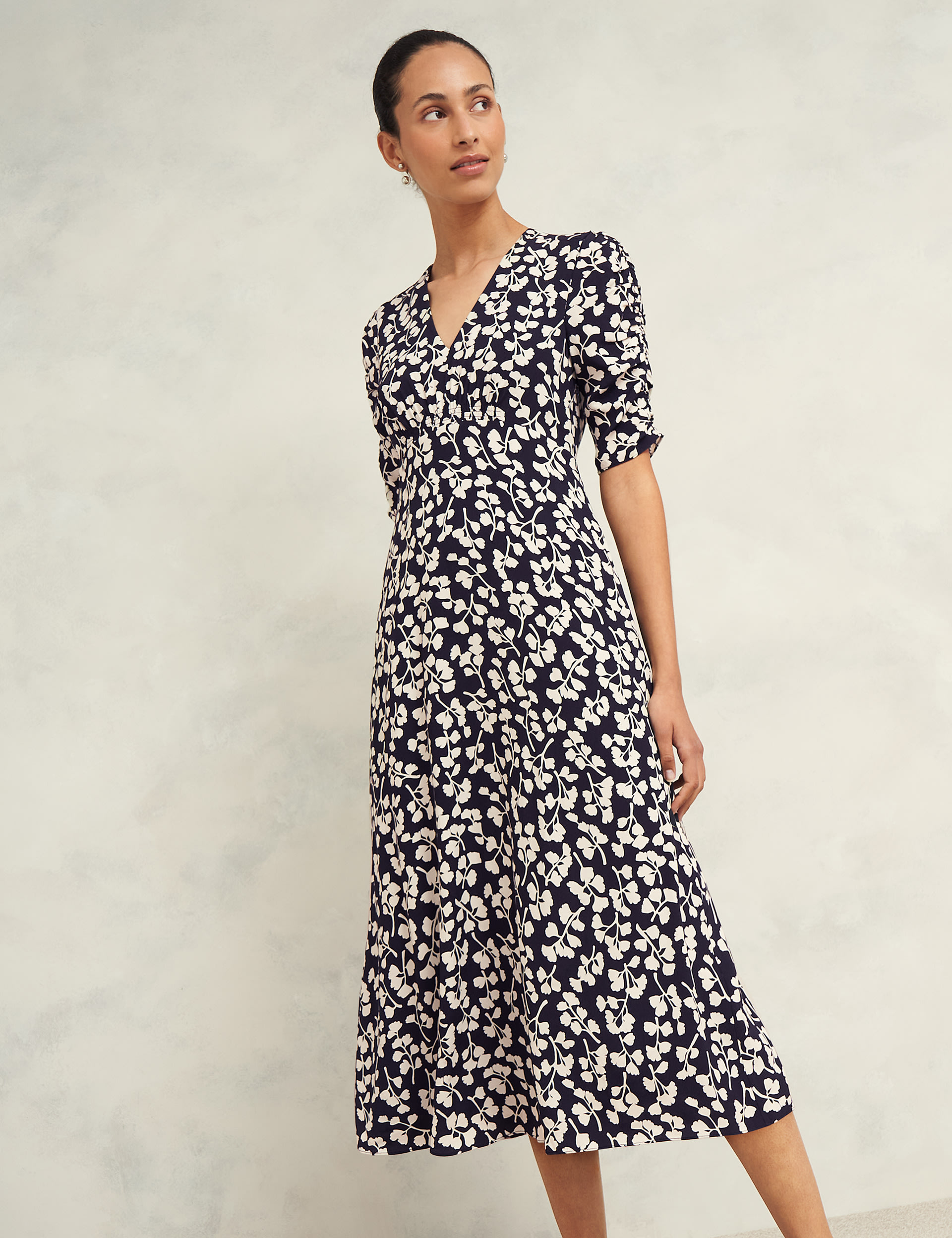 Printed V-Neck Midi Waisted Dress 3 of 8