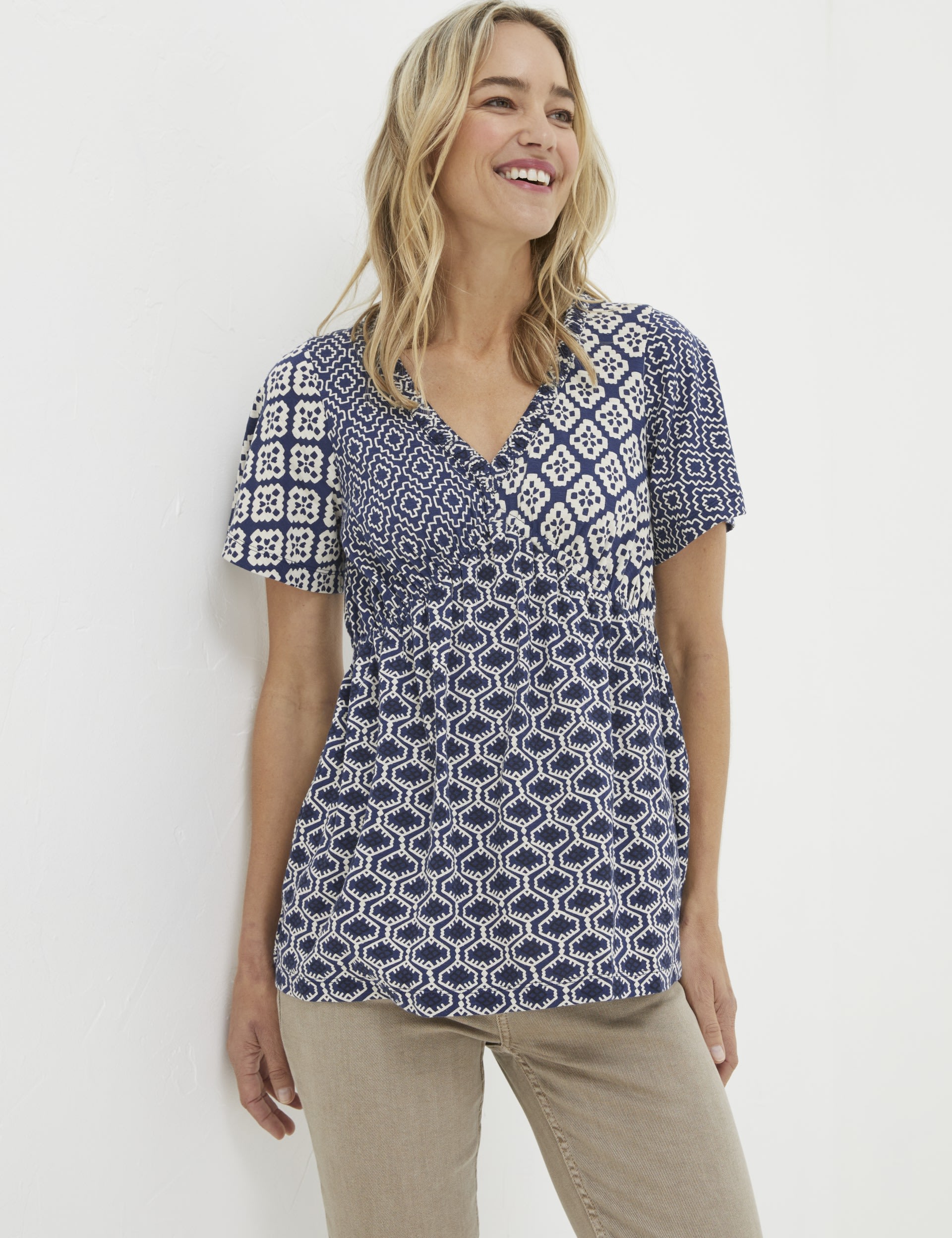 Cotton Modal Blend Geometric V-Neck Top 1 of 4