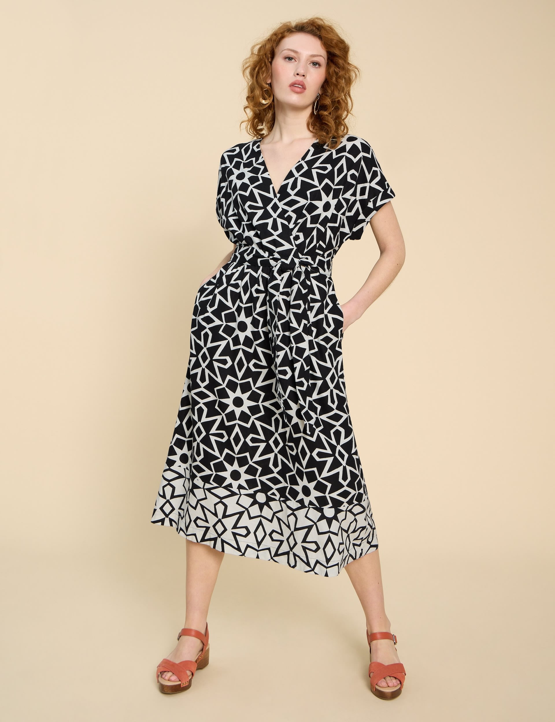 Linen Rich Printed V-Neck Midi Wrap Dress 1 of 6