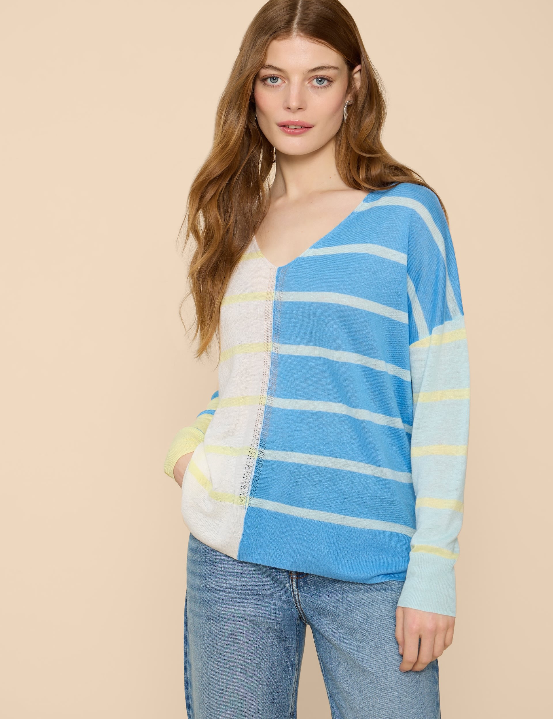 Pure Linen Striped V-Neck Jumper 3 of 6