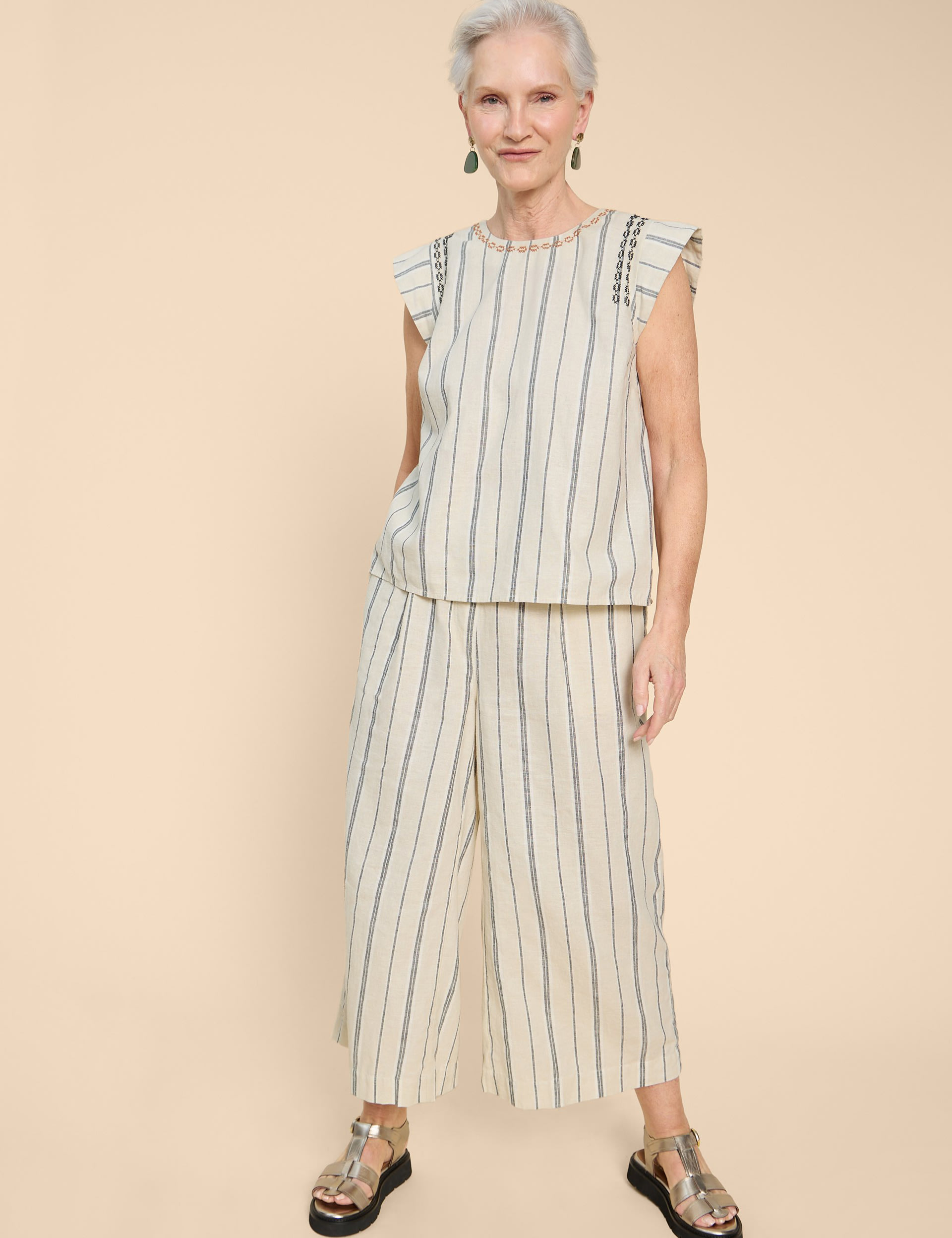 Linen Rich Striped Embroidered Top 3 of 6