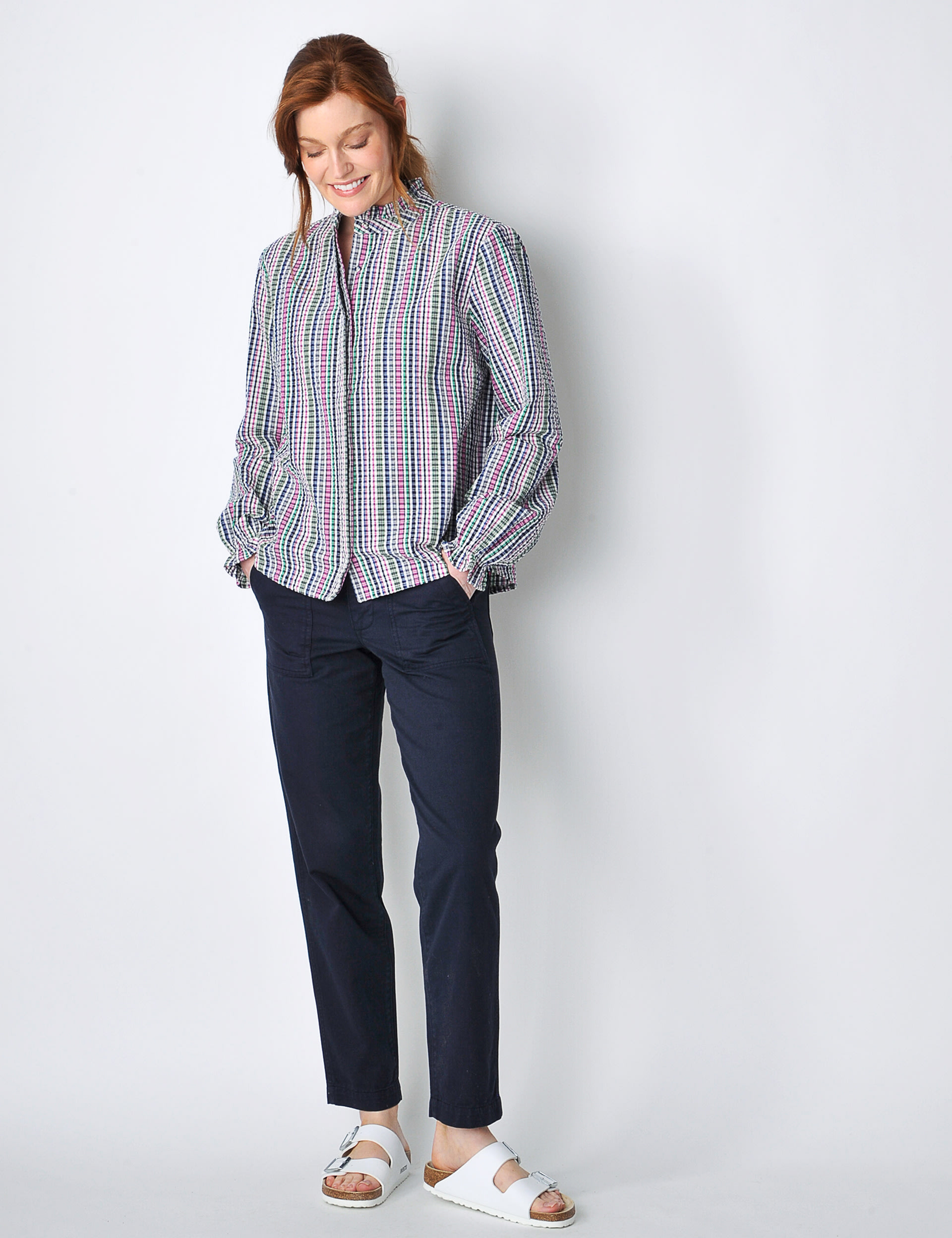 Pure Cotton Checked Collarless Frill Detail Shirt 3 of 5