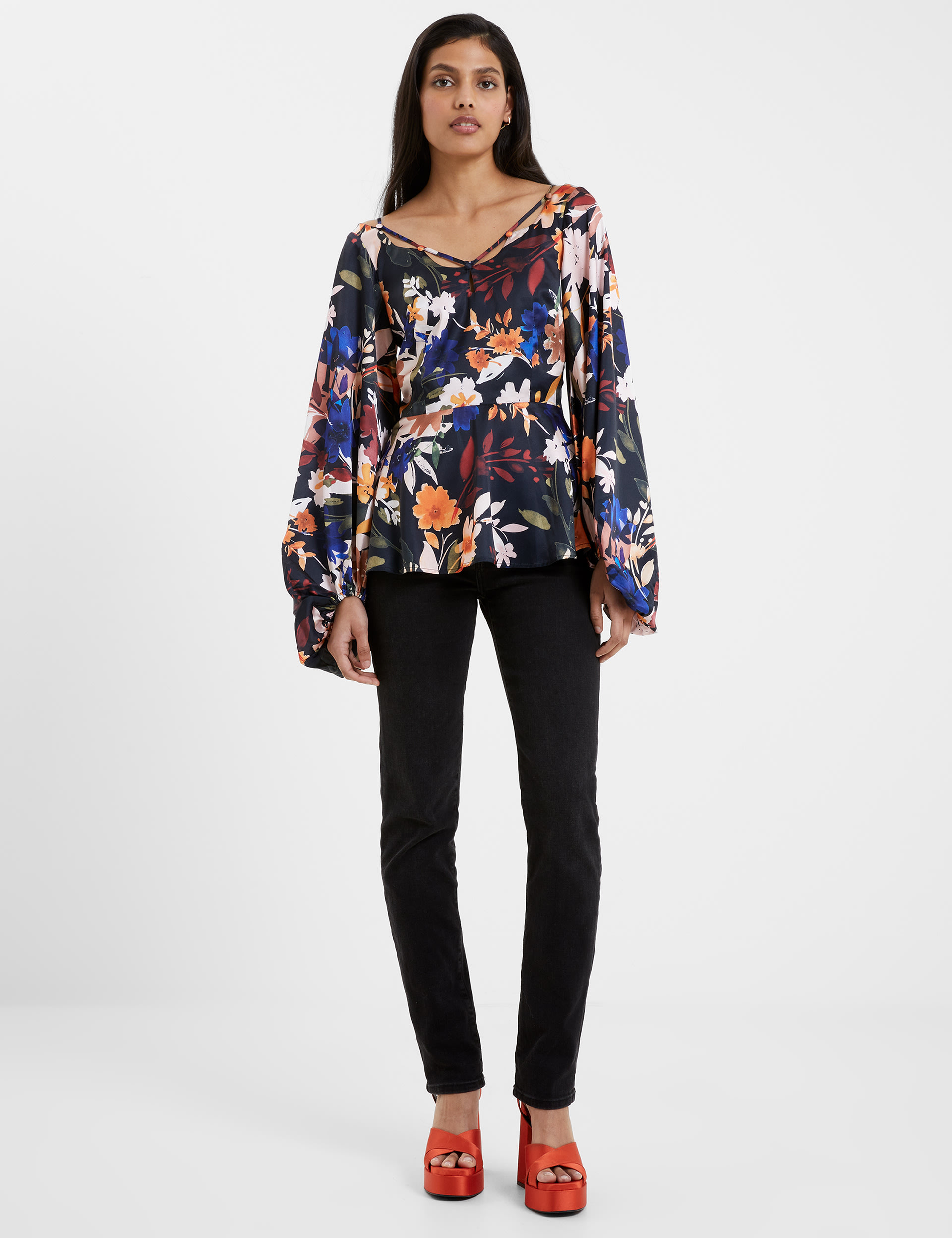 Satin Floral Waisted Blouson Sleeve Blouse 1 of 4