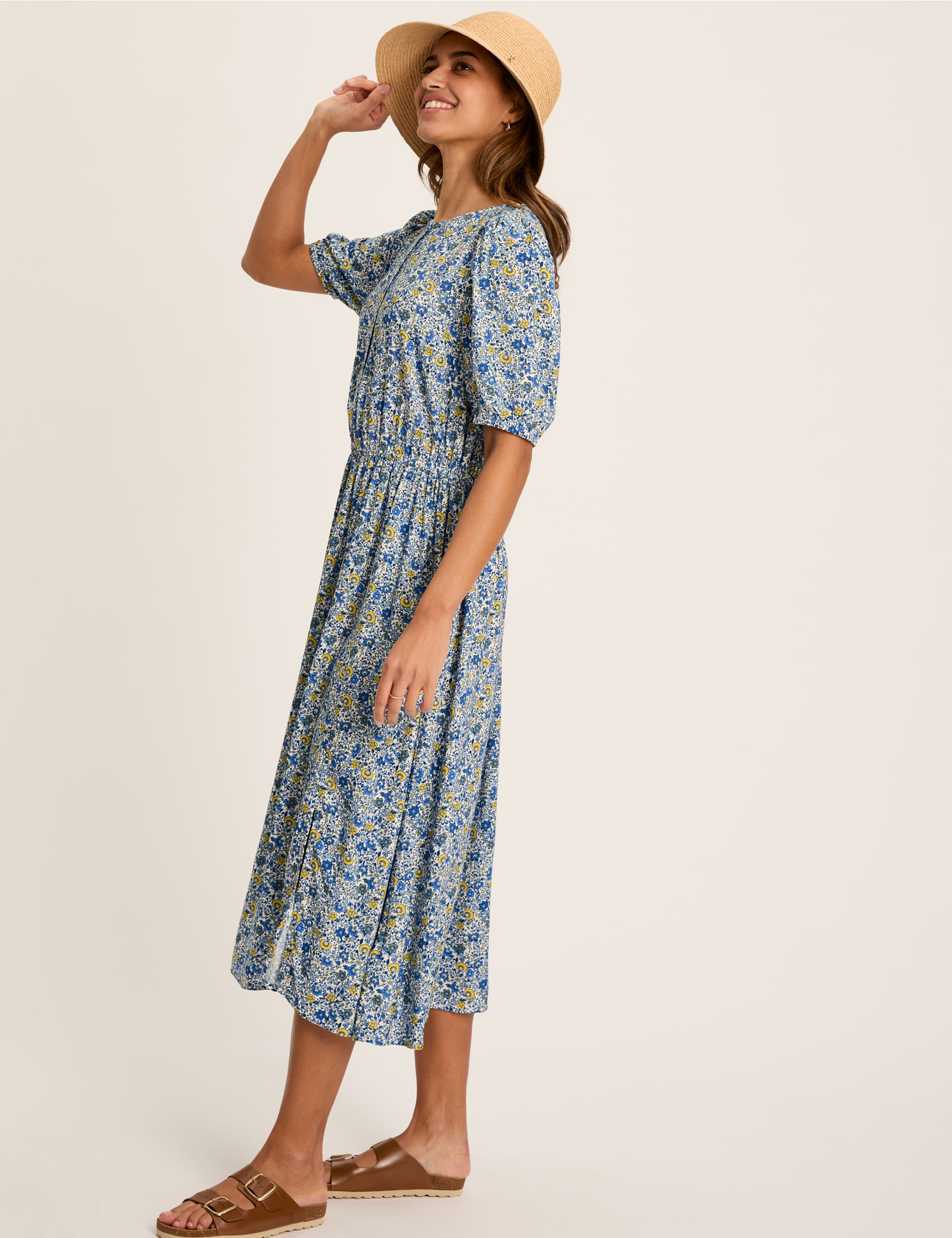 Pure Cotton Floral Midi Waisted Dress 3 of 6