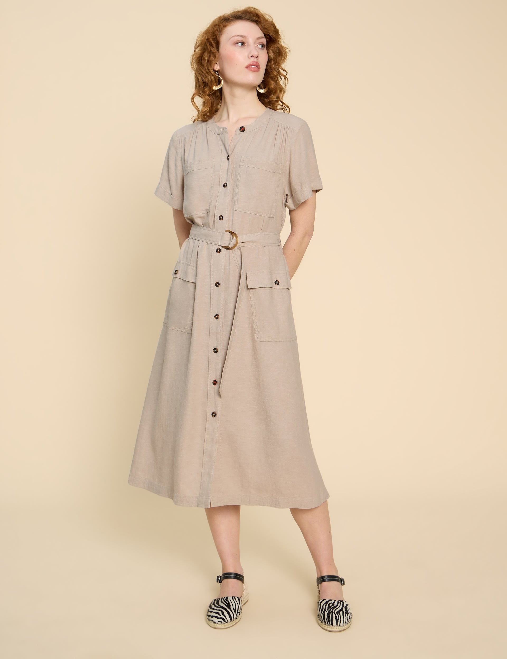 Linen Rich Button Through Midi Shirt Dress 1 of 6