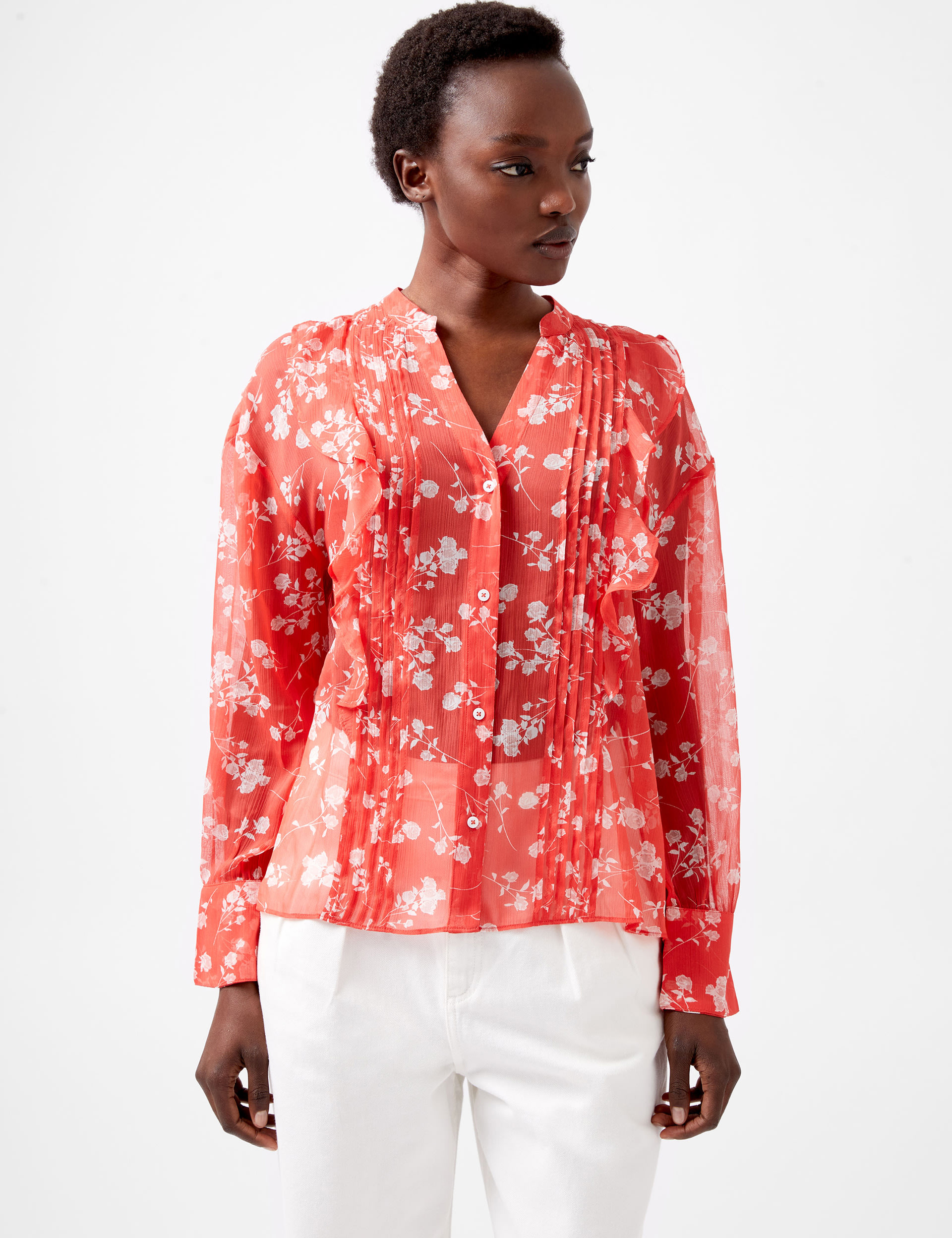 Floral Textured V-Neck Pintuck Blouse 1 of 4