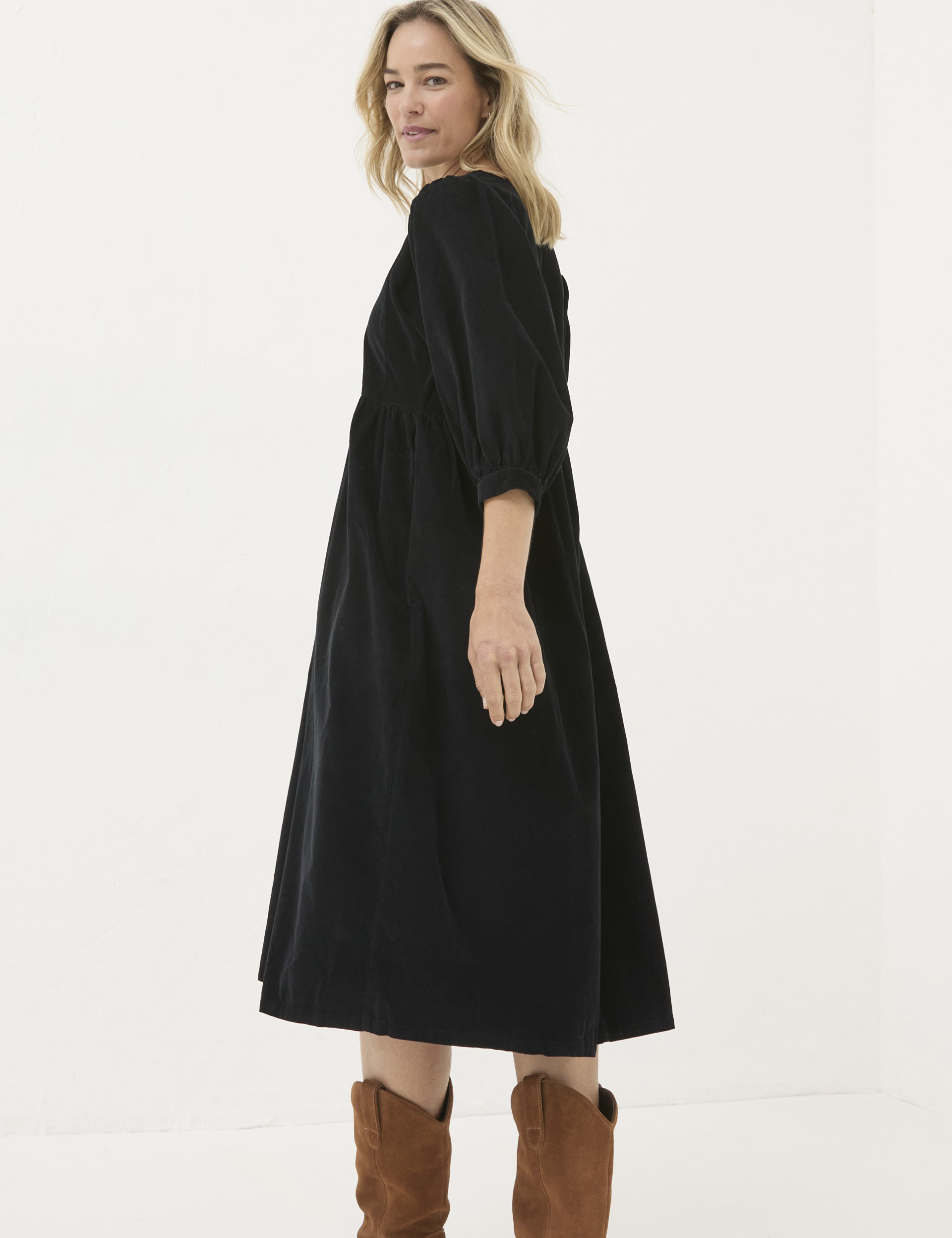 Pure Cotton Cord V-Neck Waisted Midi Dress 3 of 6