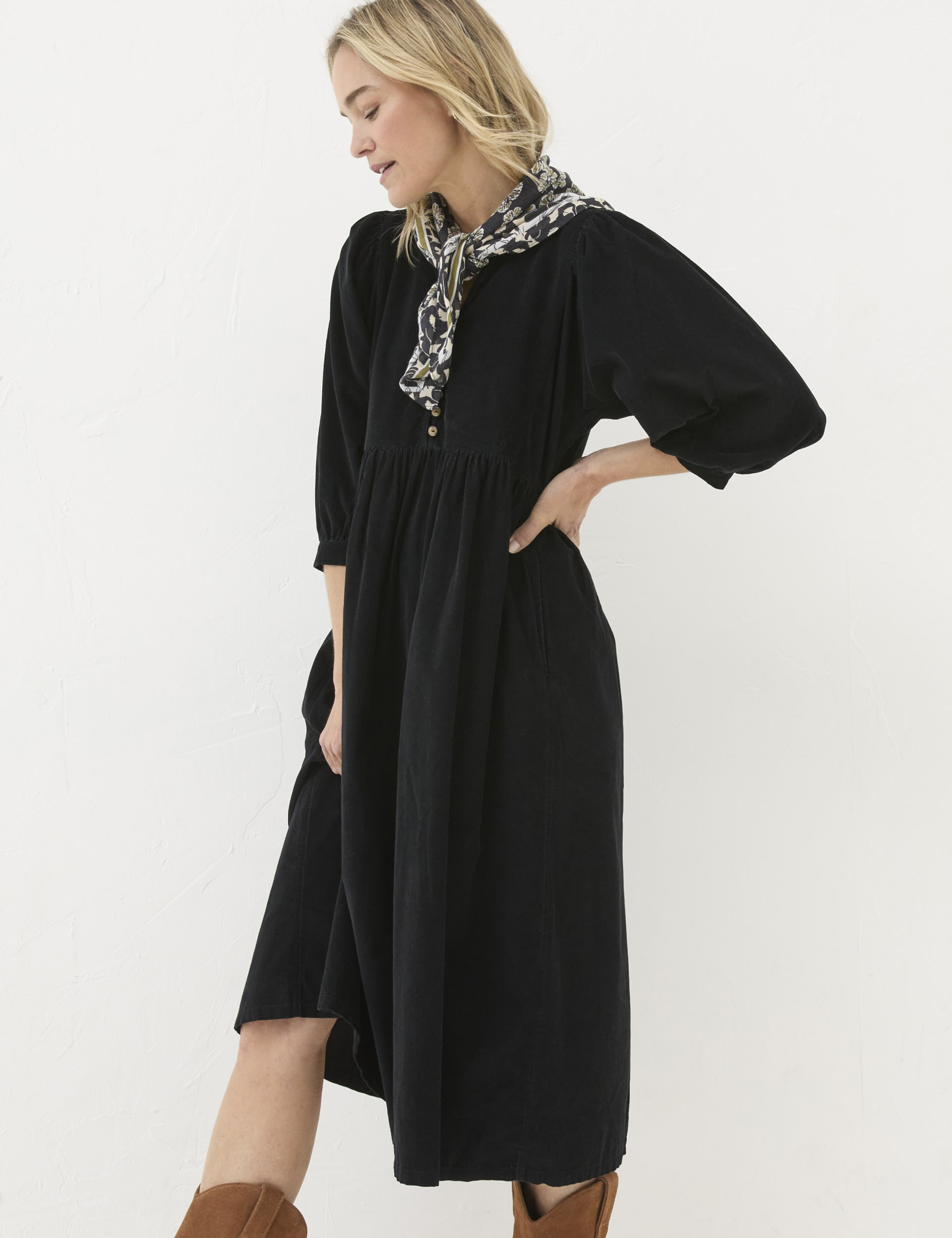 Pure Cotton Cord V-Neck Waisted Midi Dress 4 of 6