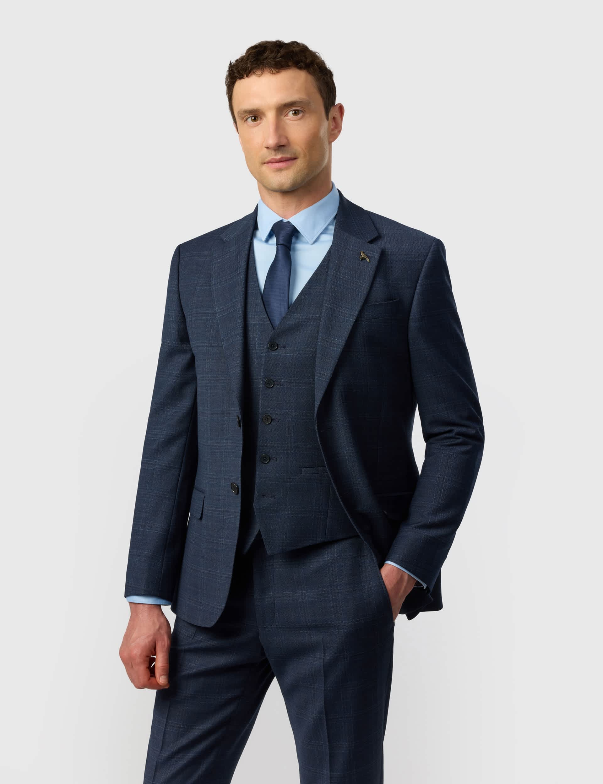 3 Piece Slim Fit Wool Blend Check Suit thumbnail 6