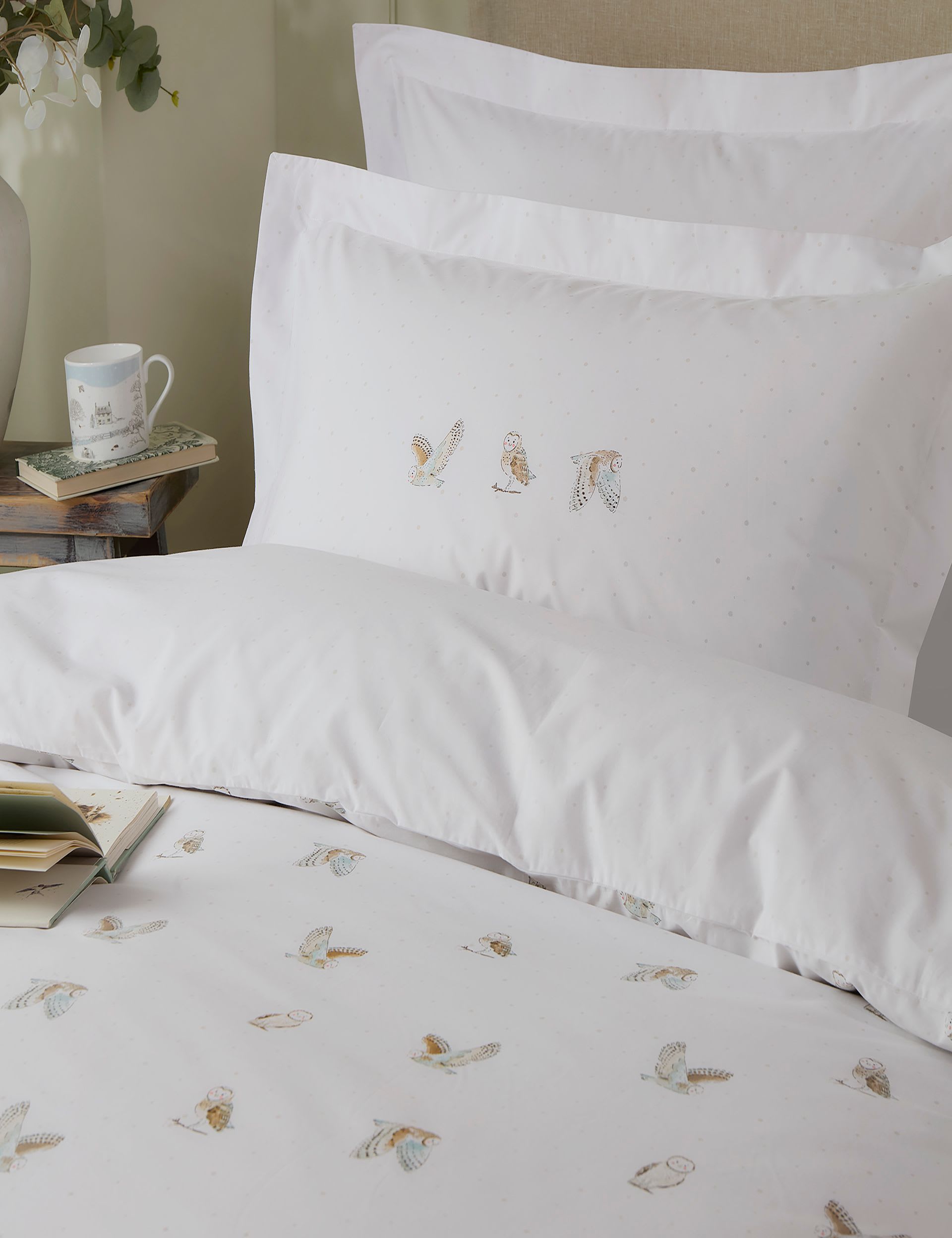 2pk Pure Cotton Snowy Owls Oxford Pillowcases