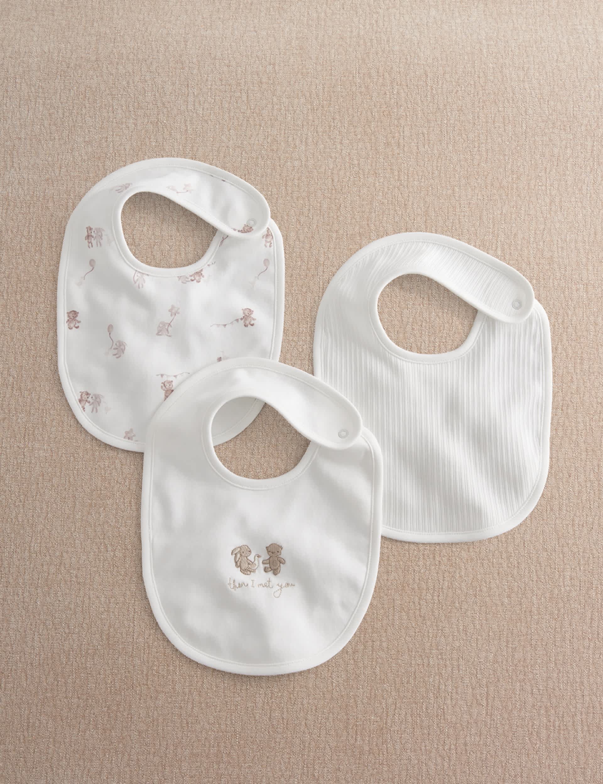 3 Pack Print Embroidery Ribbed Dribble Bibs