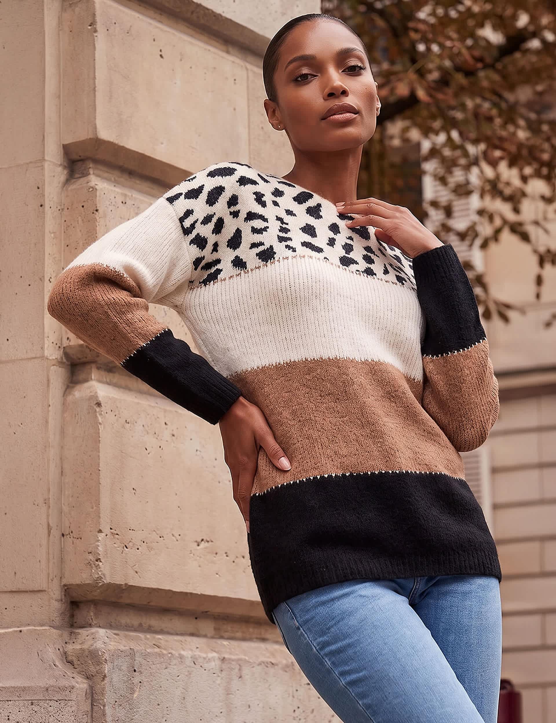 Animal Print Colour Block Jumper