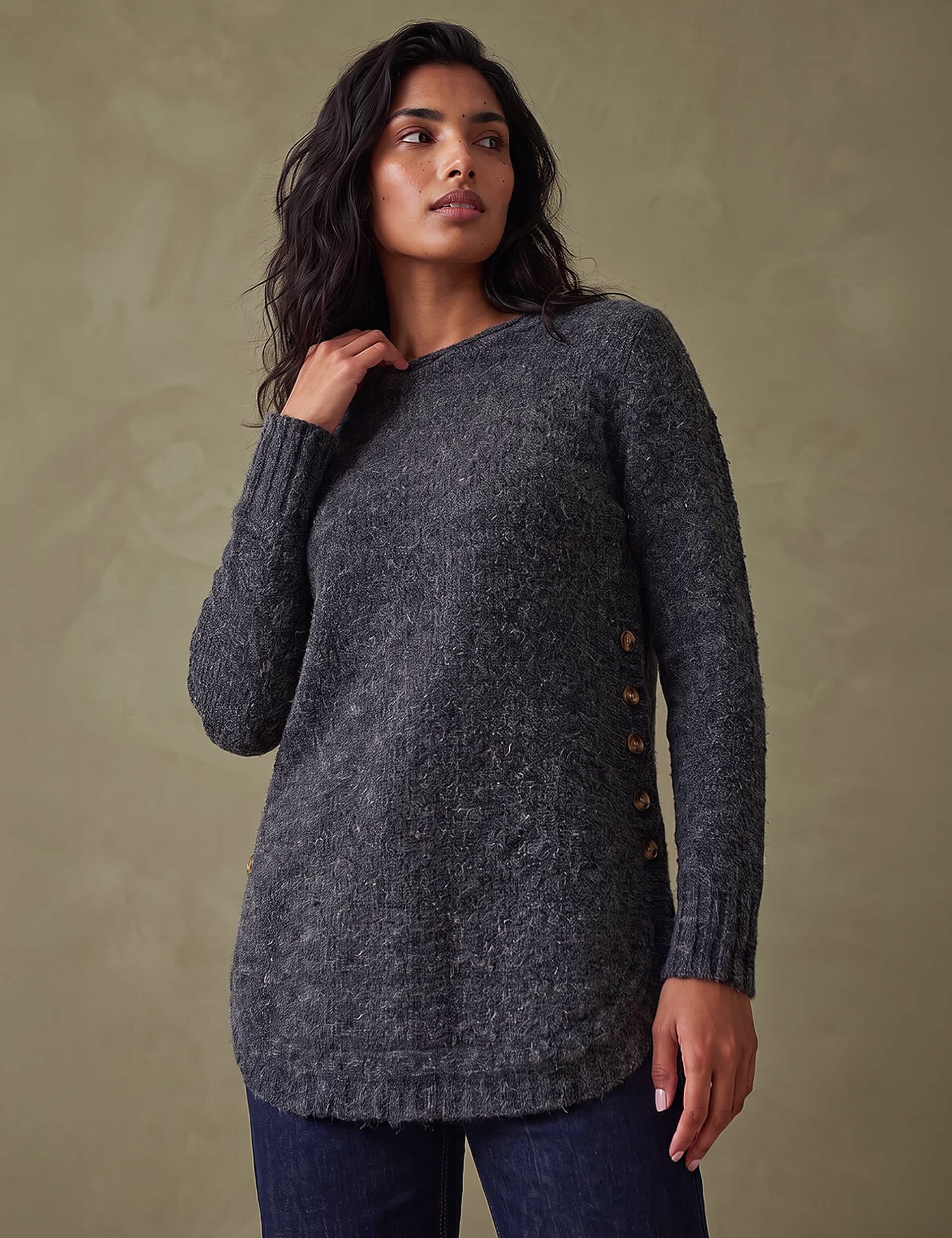 Button Detail Curved Hem Jumper