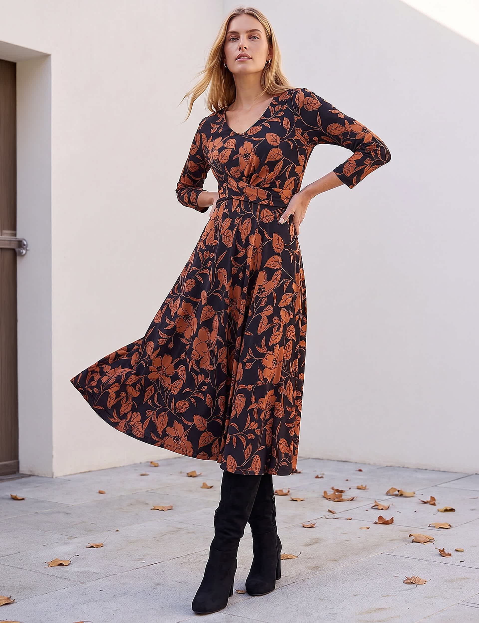 Leaf Print Midi Wrap Dress