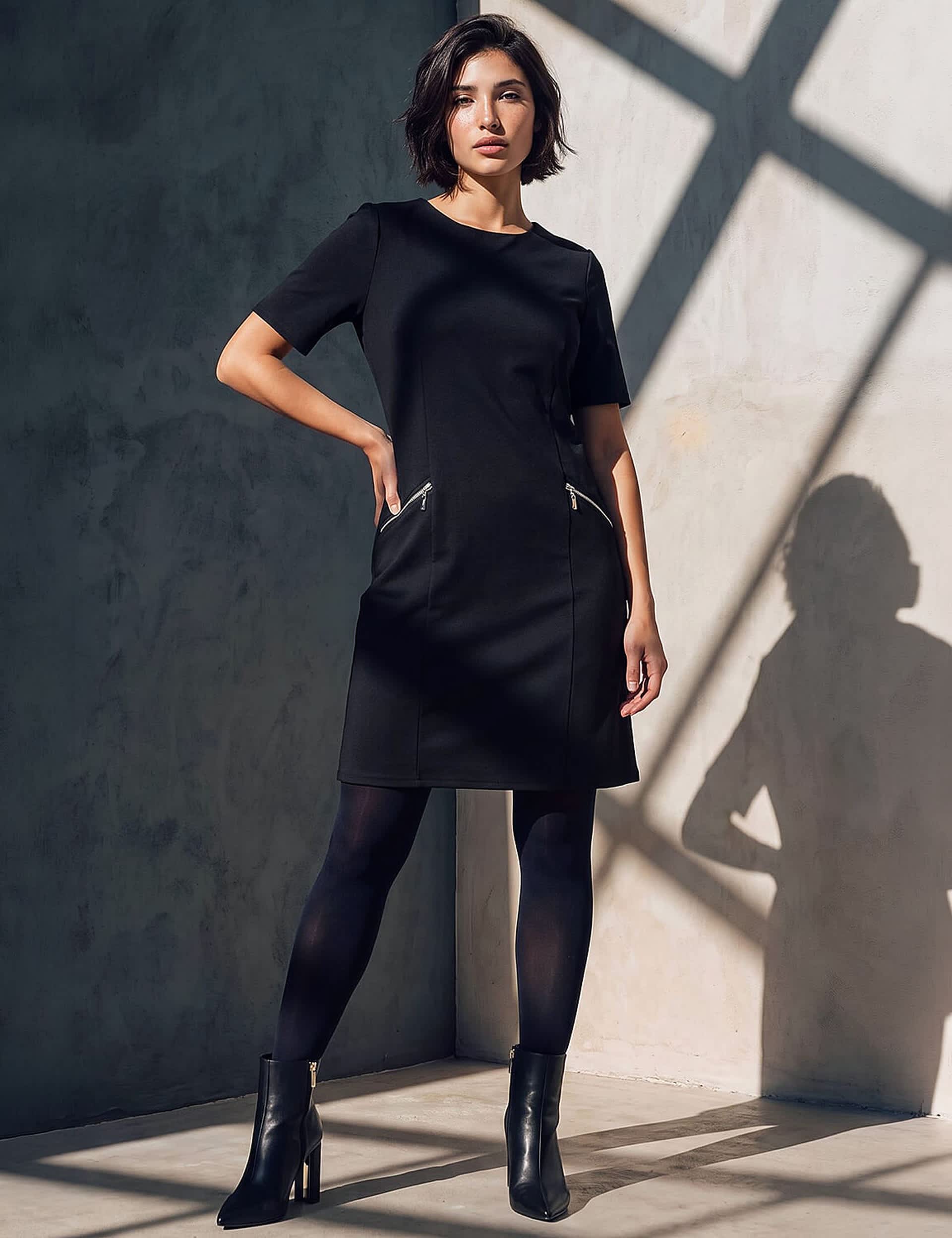 Petite Zip Detail Knee Length Shift Dress