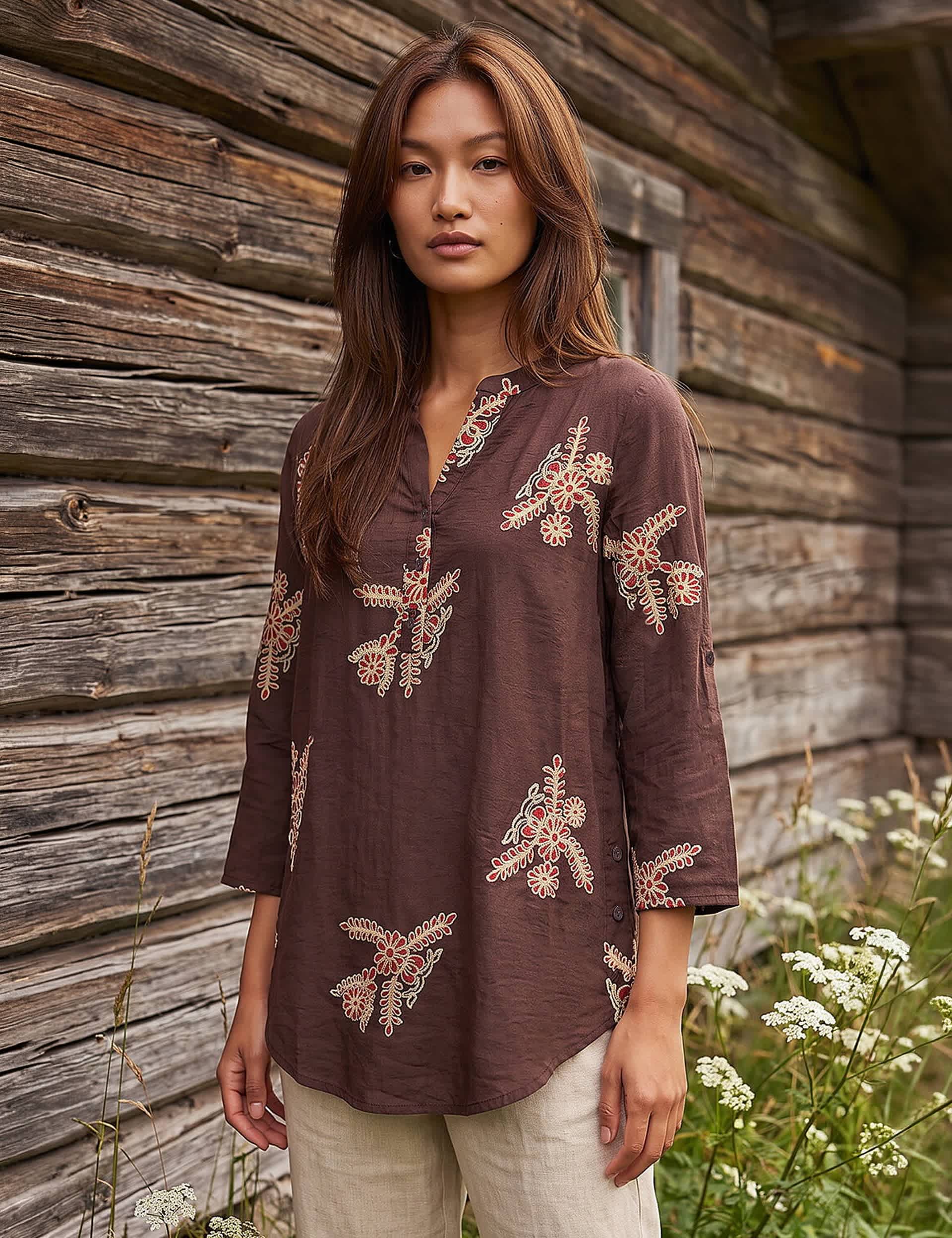 Embroidered Floral V Neck Top