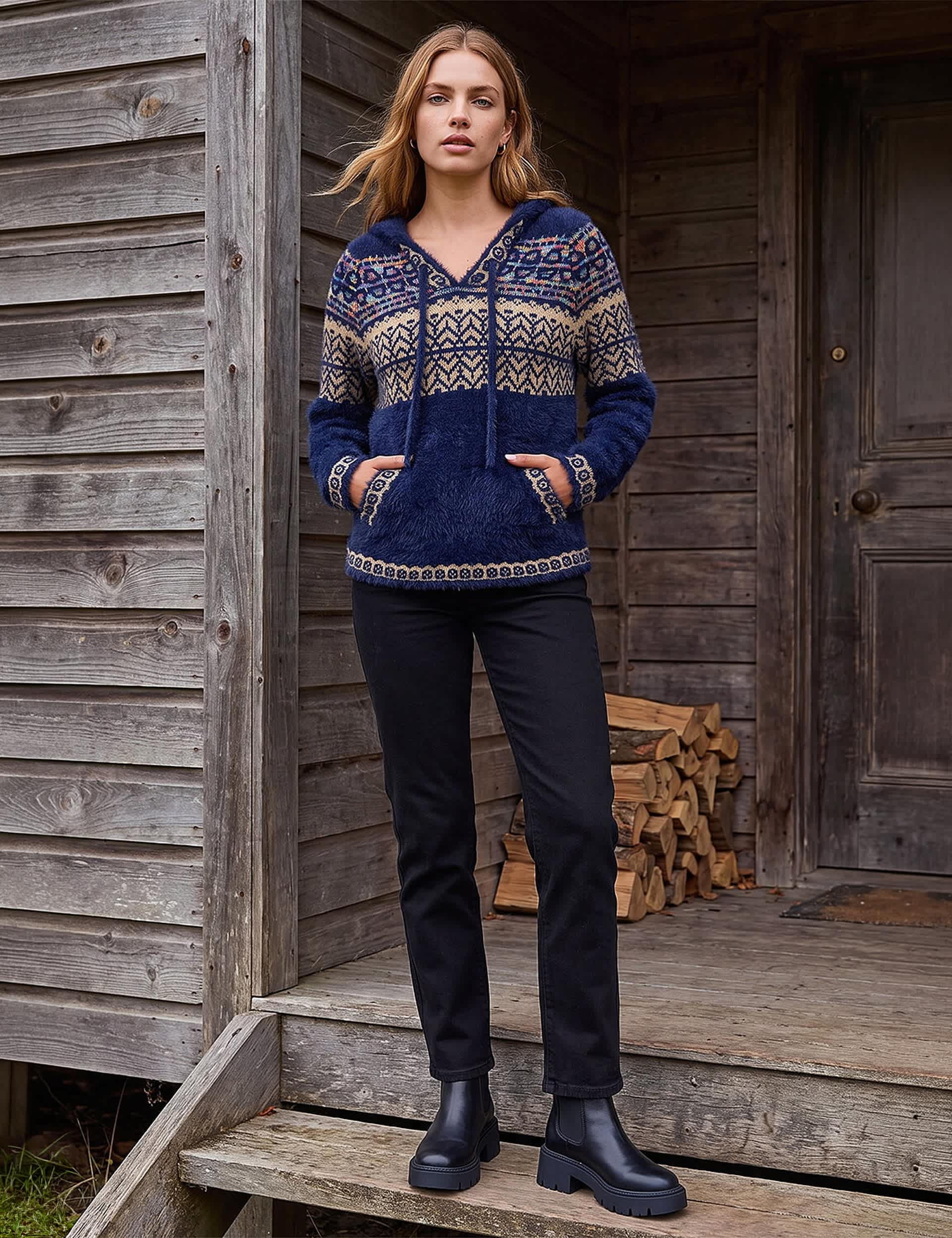 Fluffy Nordic Pattern Hooded Neck Jumper