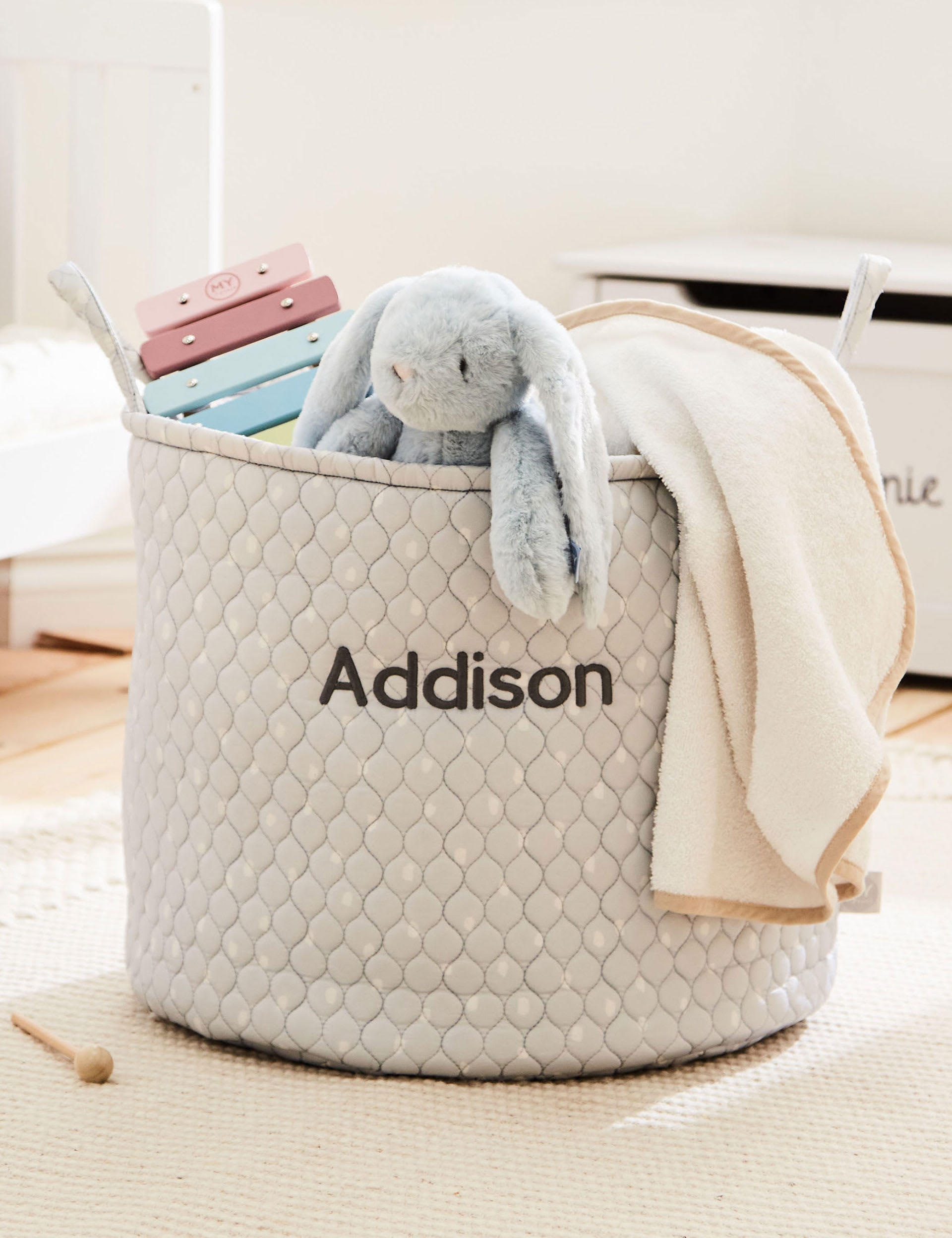 Personalised Large Grey Polka Dot Storage Bag My 1st Years M S