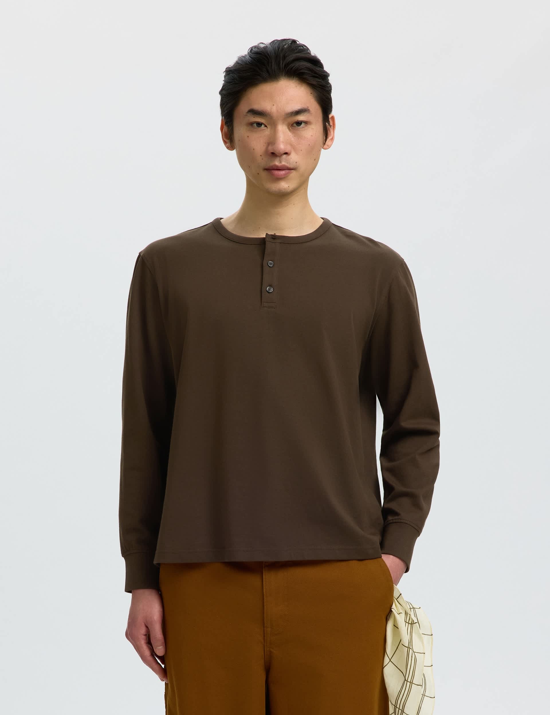 Pure Cotton Jersey Henley Long Sleeve T Shirt