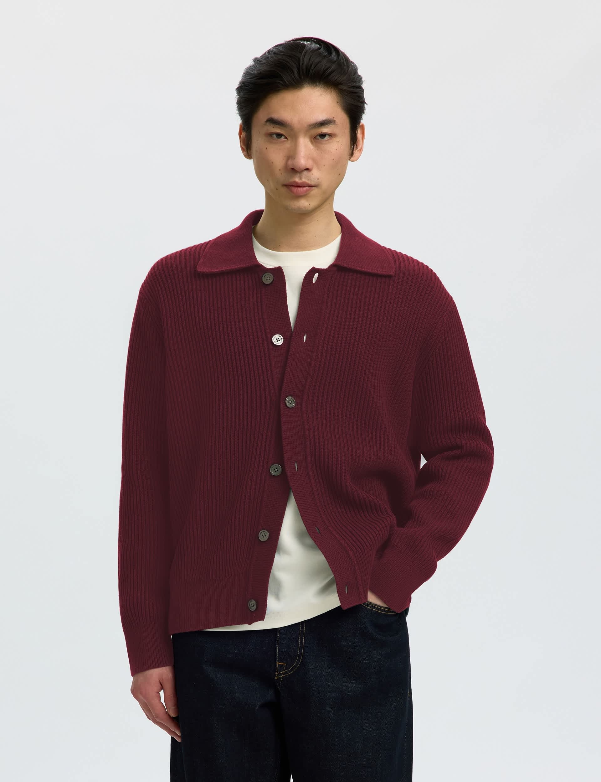 Pure Cotton Rib Knit Polo Cardigan