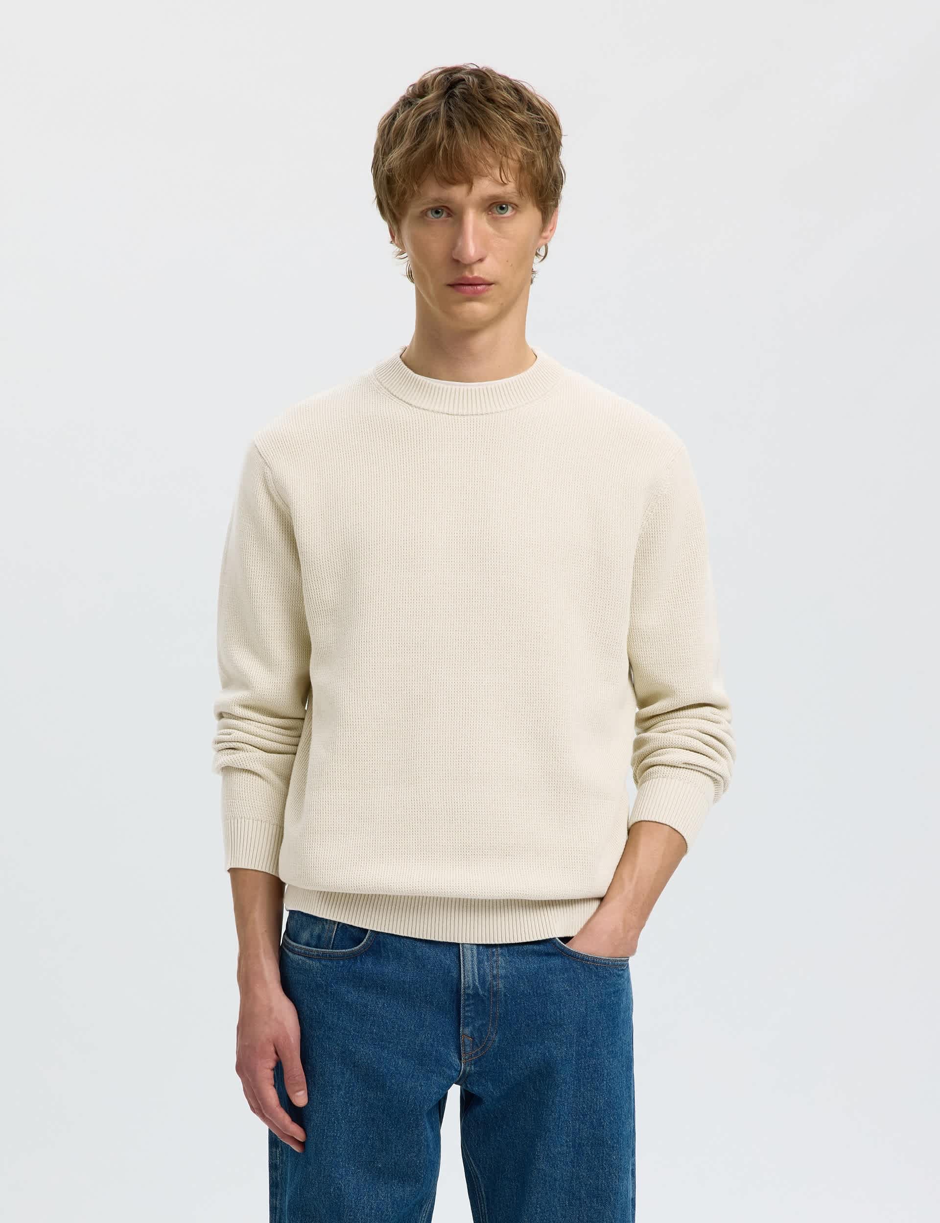 Pure Cotton Textured Crew Neck Jumper