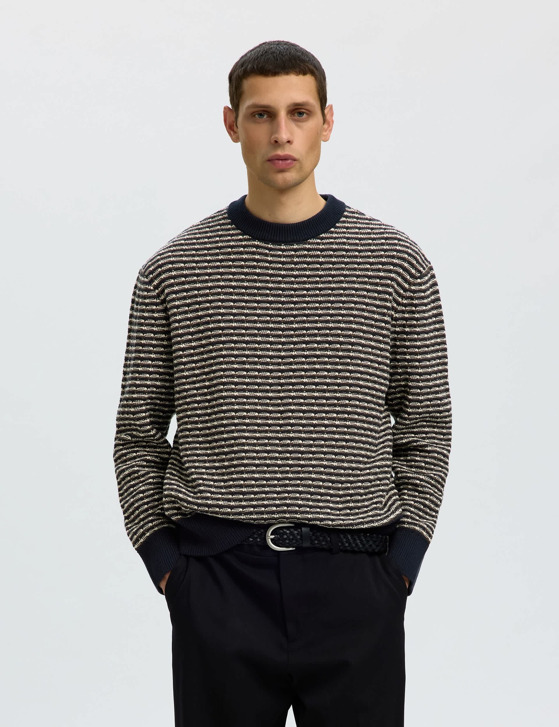 Pure Cotton Striped Structured Crew Neck Jumper