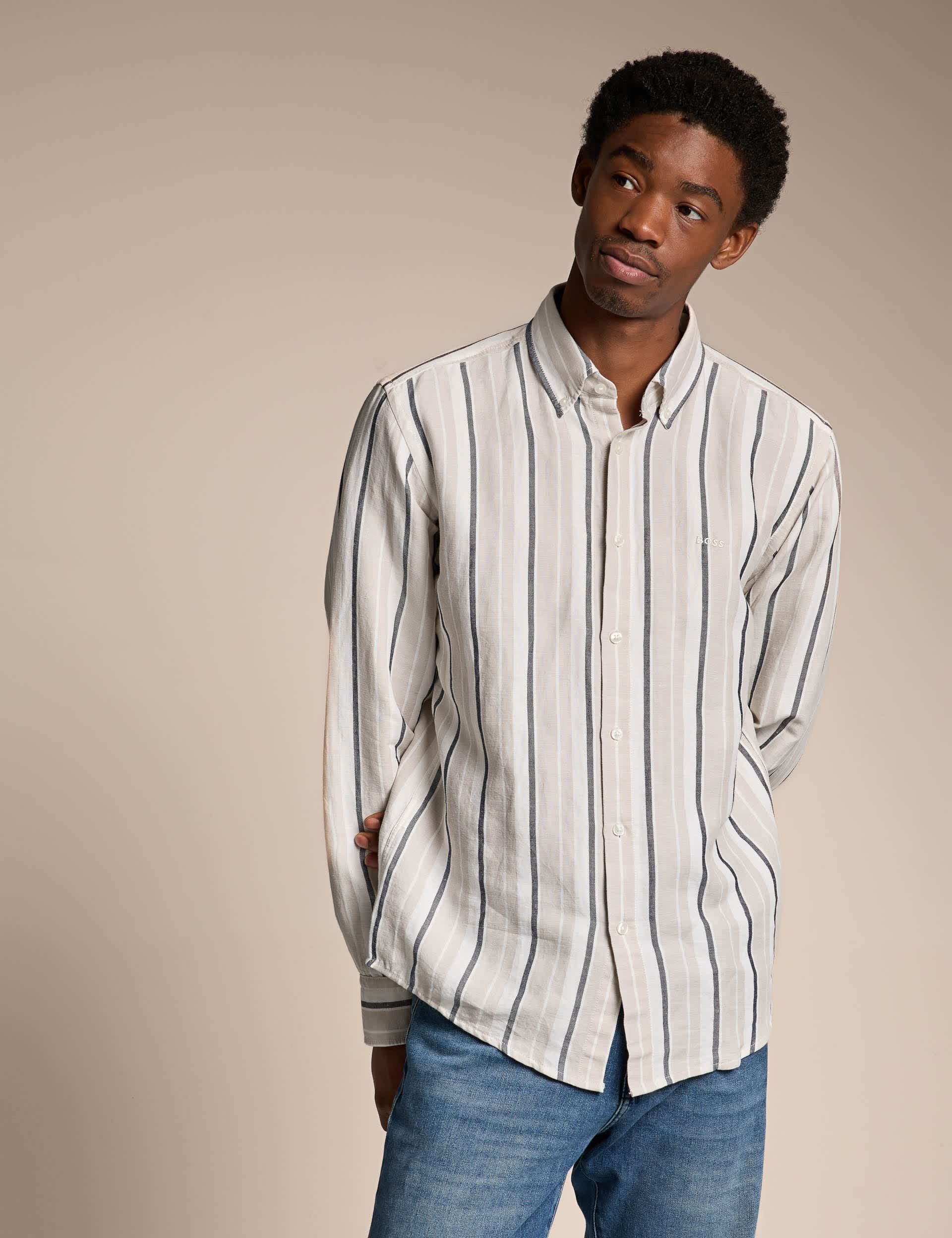 Regular Fit Linen Cotton Blend Striped Shirt
