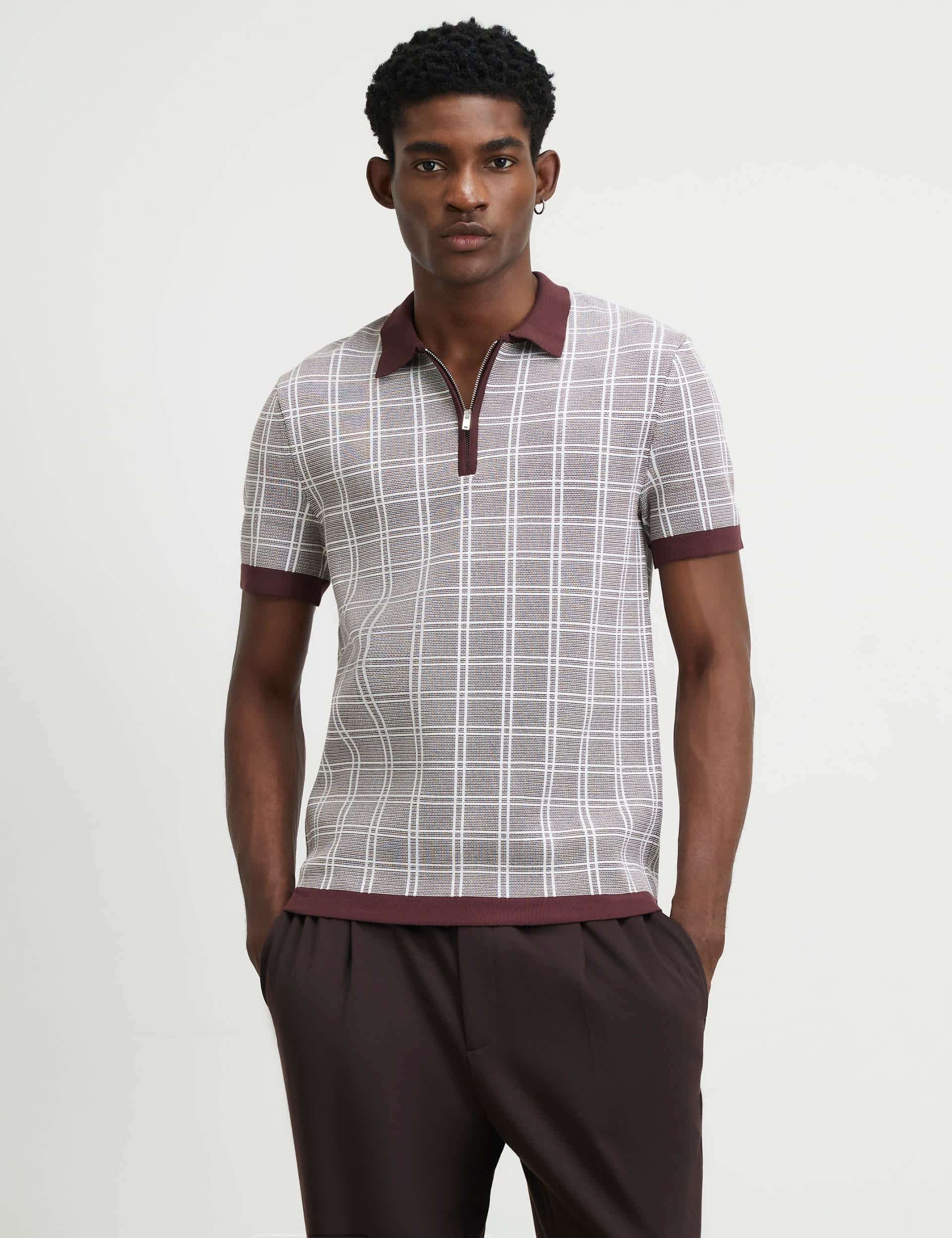 Checked Half Zip Knitted Polo Shirt