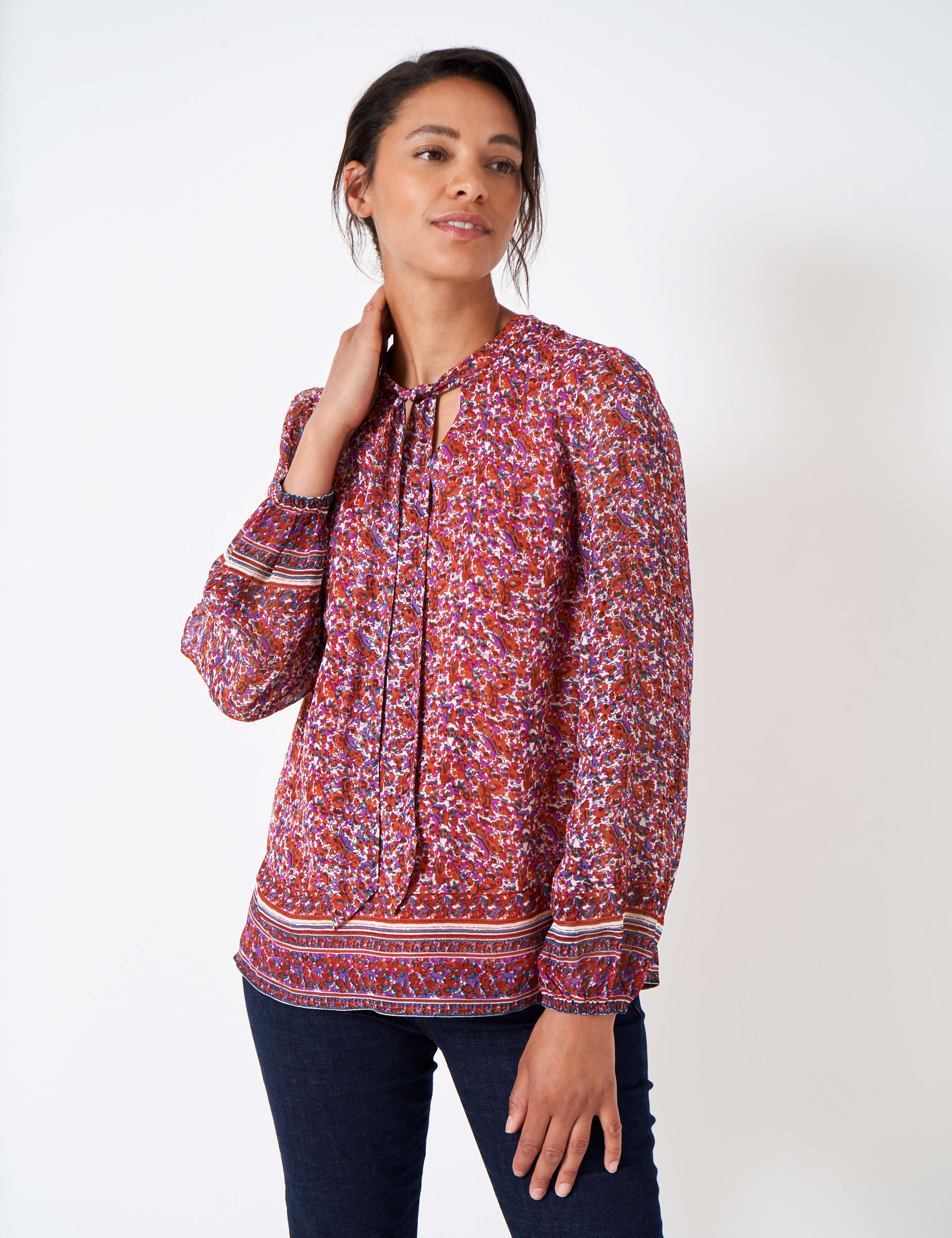 Printed Tie Neck Three-Quarter Sleeve Blouse