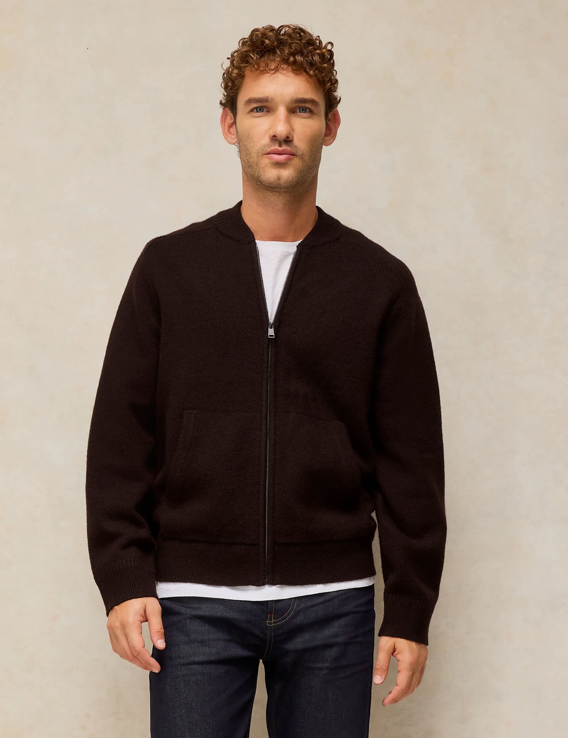 Zip Fastening Bomber Cardigan with Wool