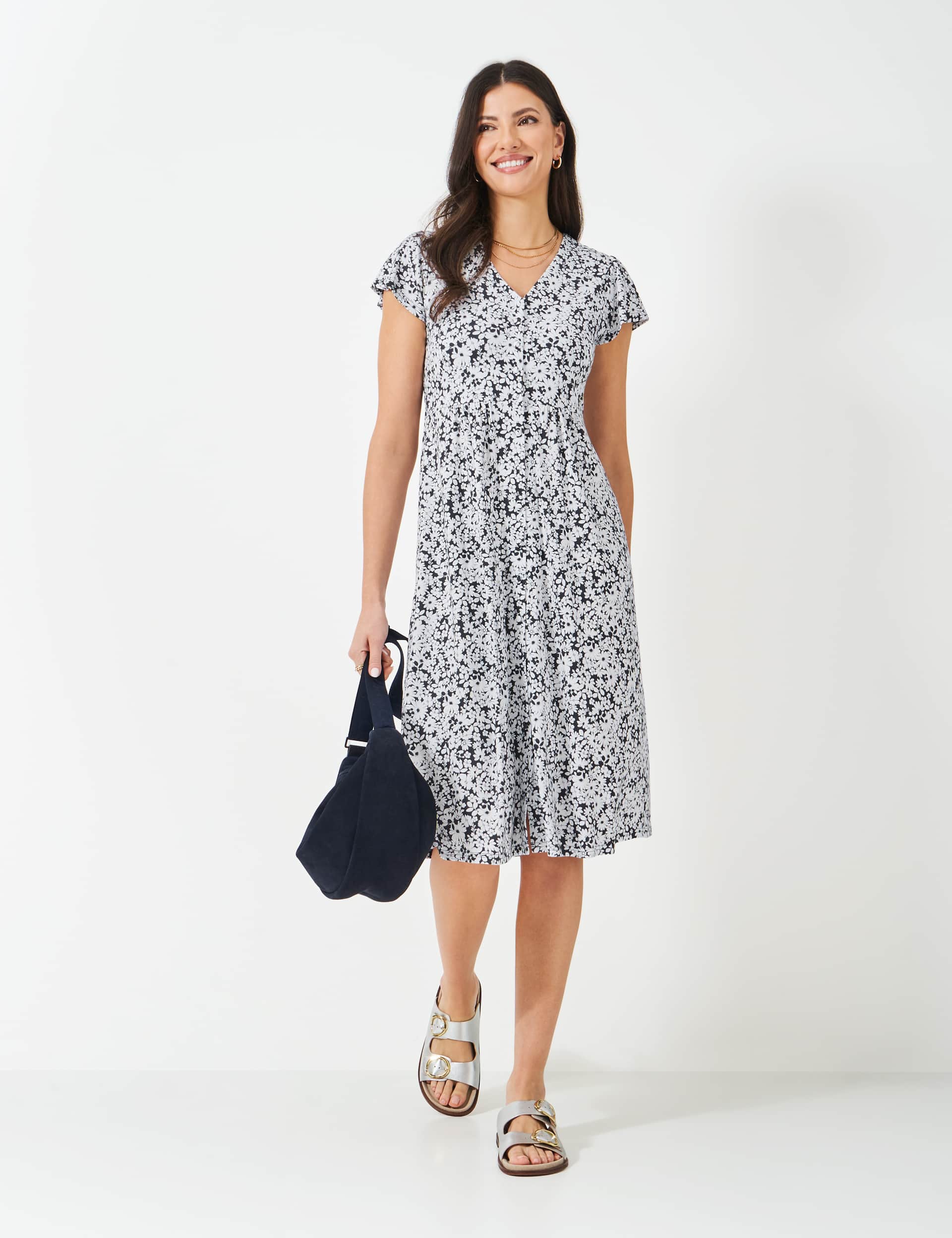 Jersey Floral V-Neck Midi Tea Dress
