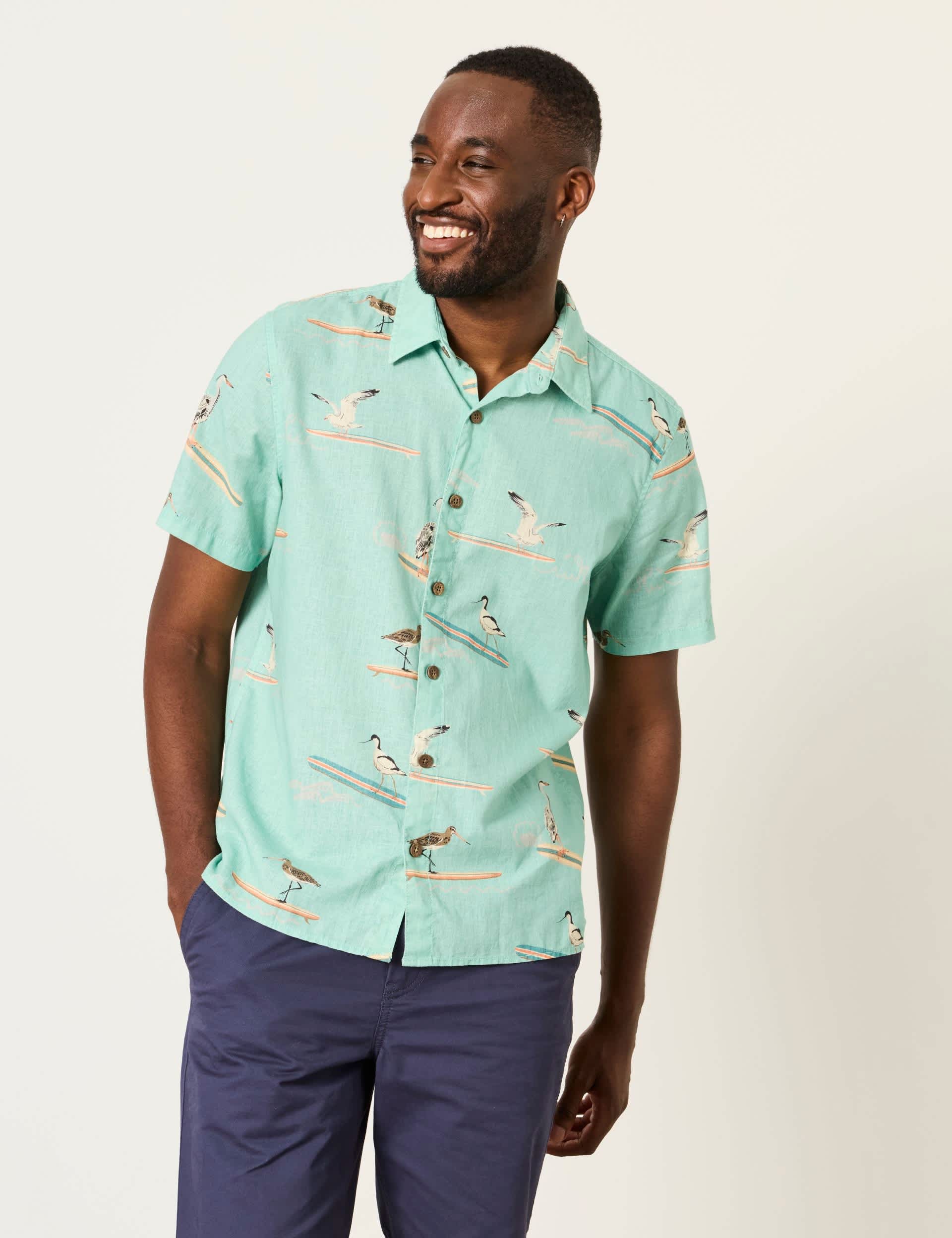 Cotton Linen Blend Bird Short Sleeve Shirt