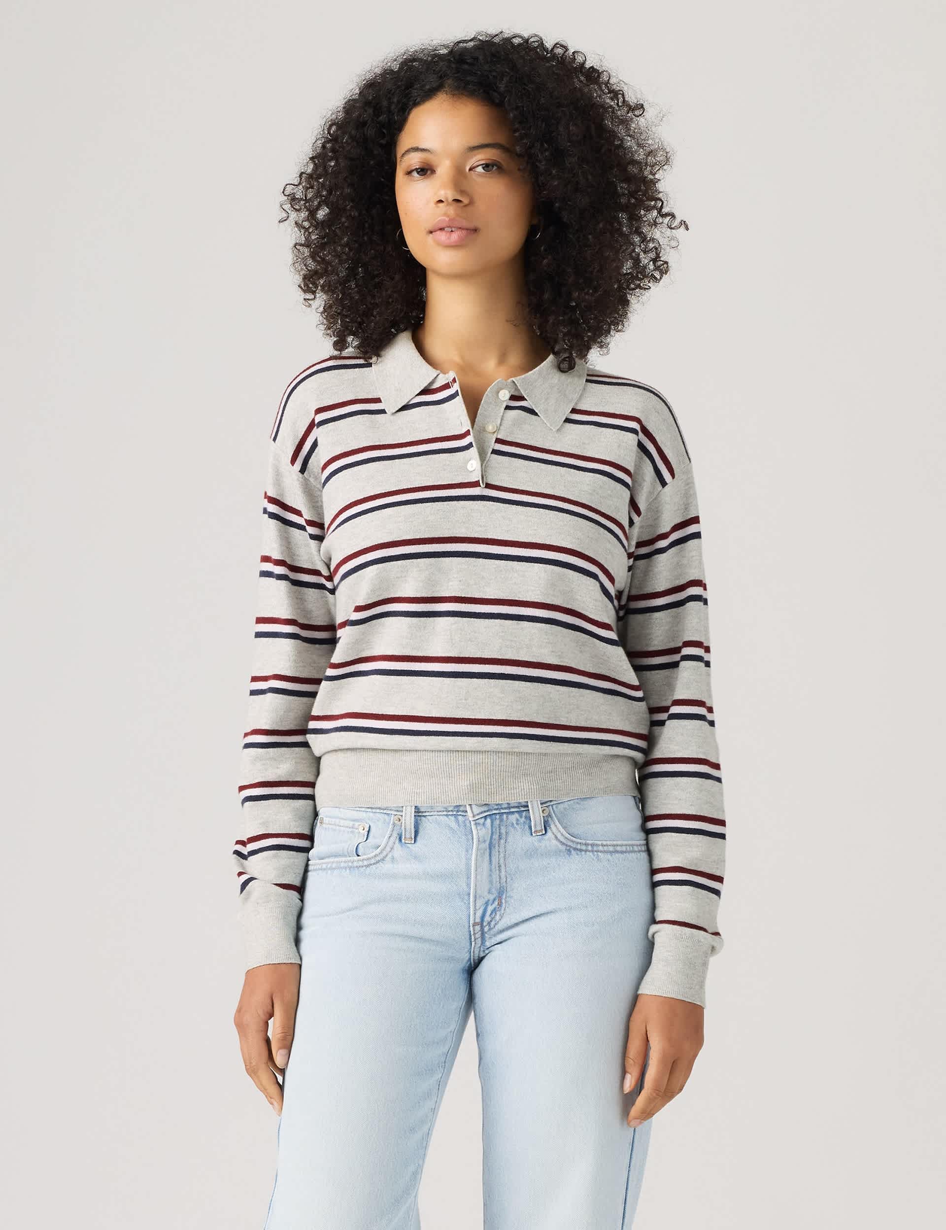 Cotton Blend Striped Polo Neck Jumper