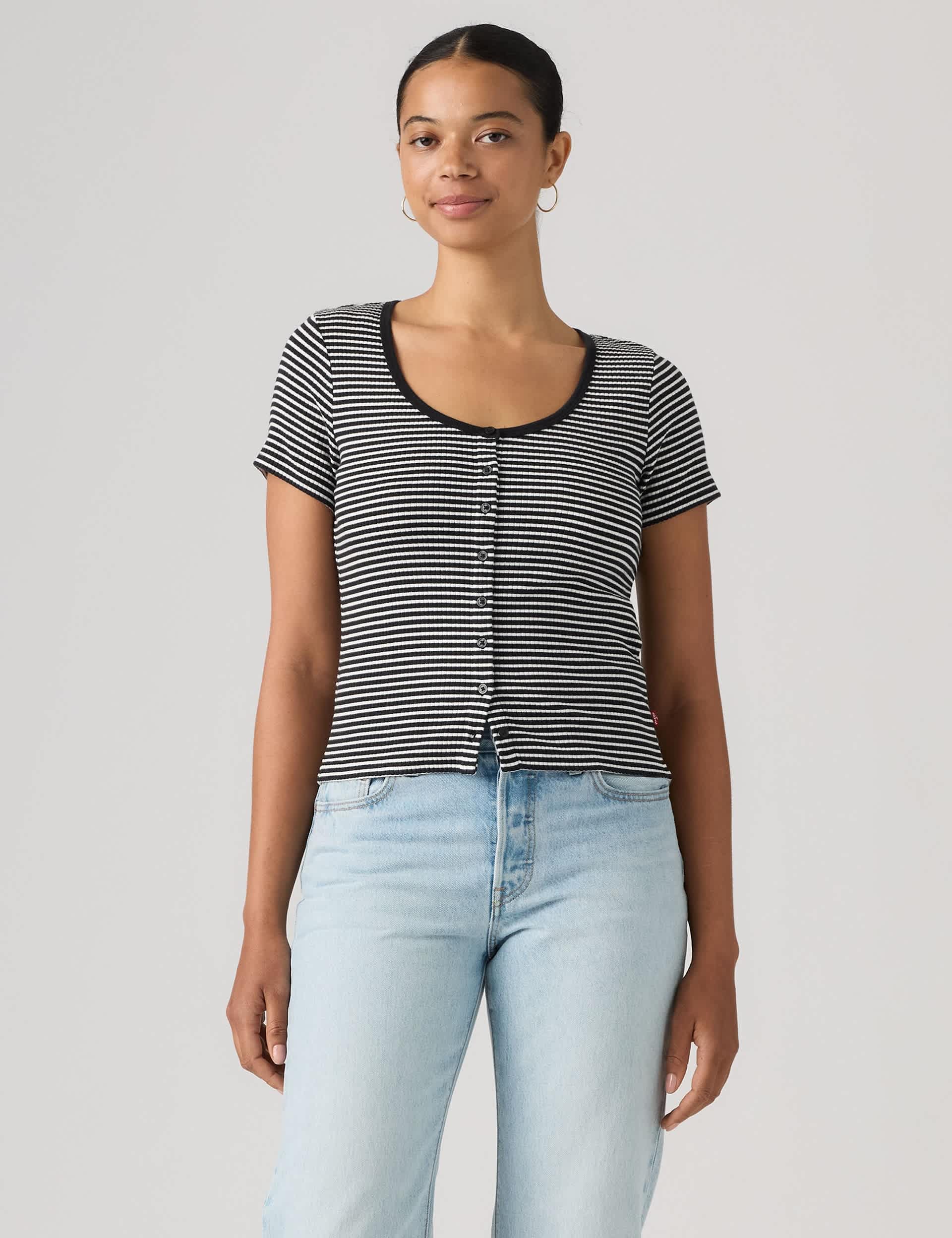 Cotton Rich Striped Button Through Top