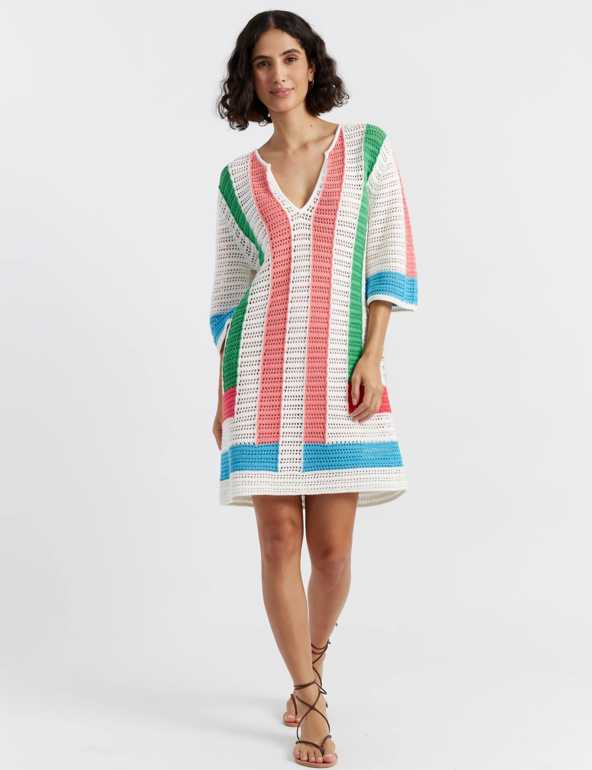Pure Cotton Striped V-Neck Mini Kaftan Dress