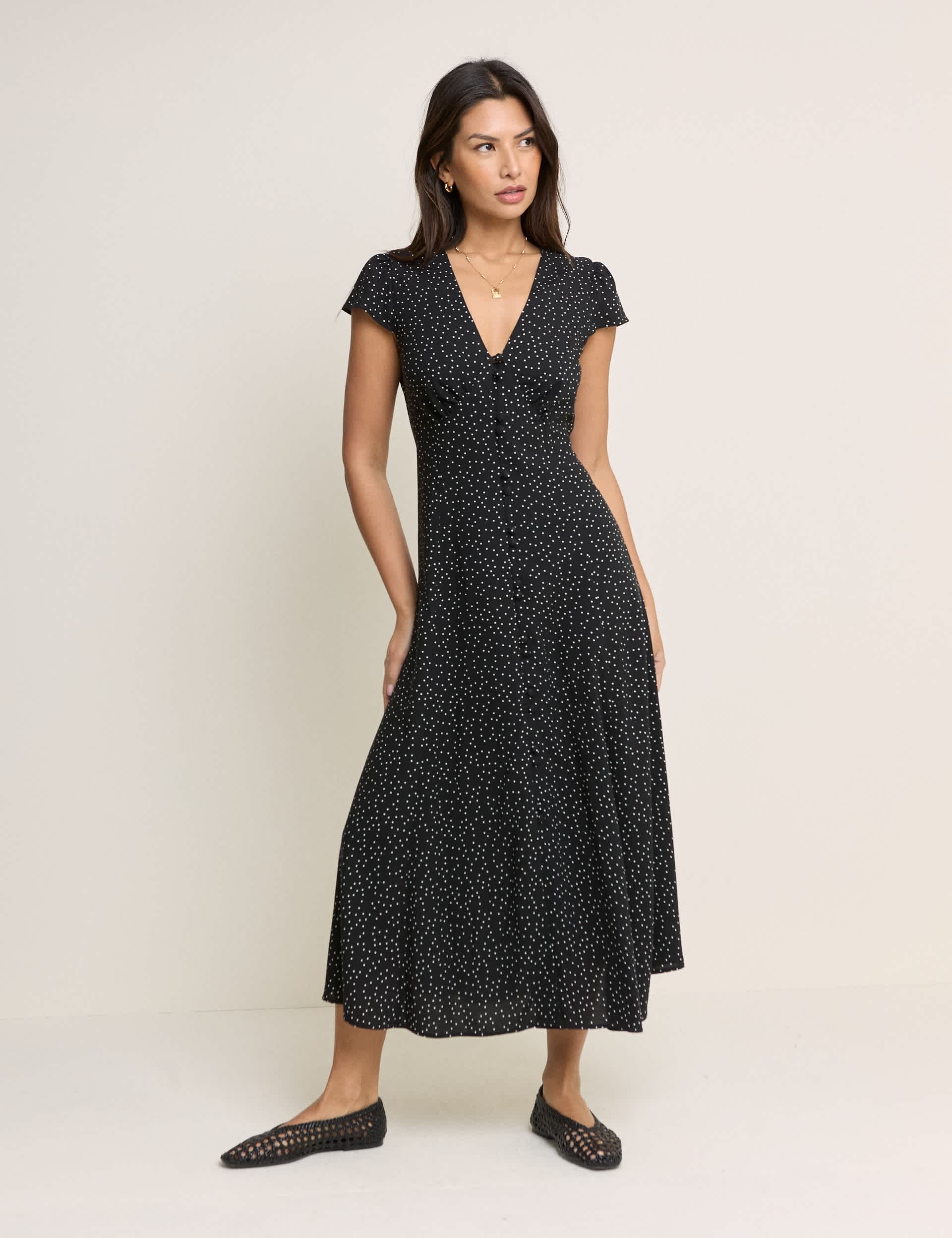 Polka Dot V-Neck Midi Tea Dress — V-neck dress for an apple-shaped figure