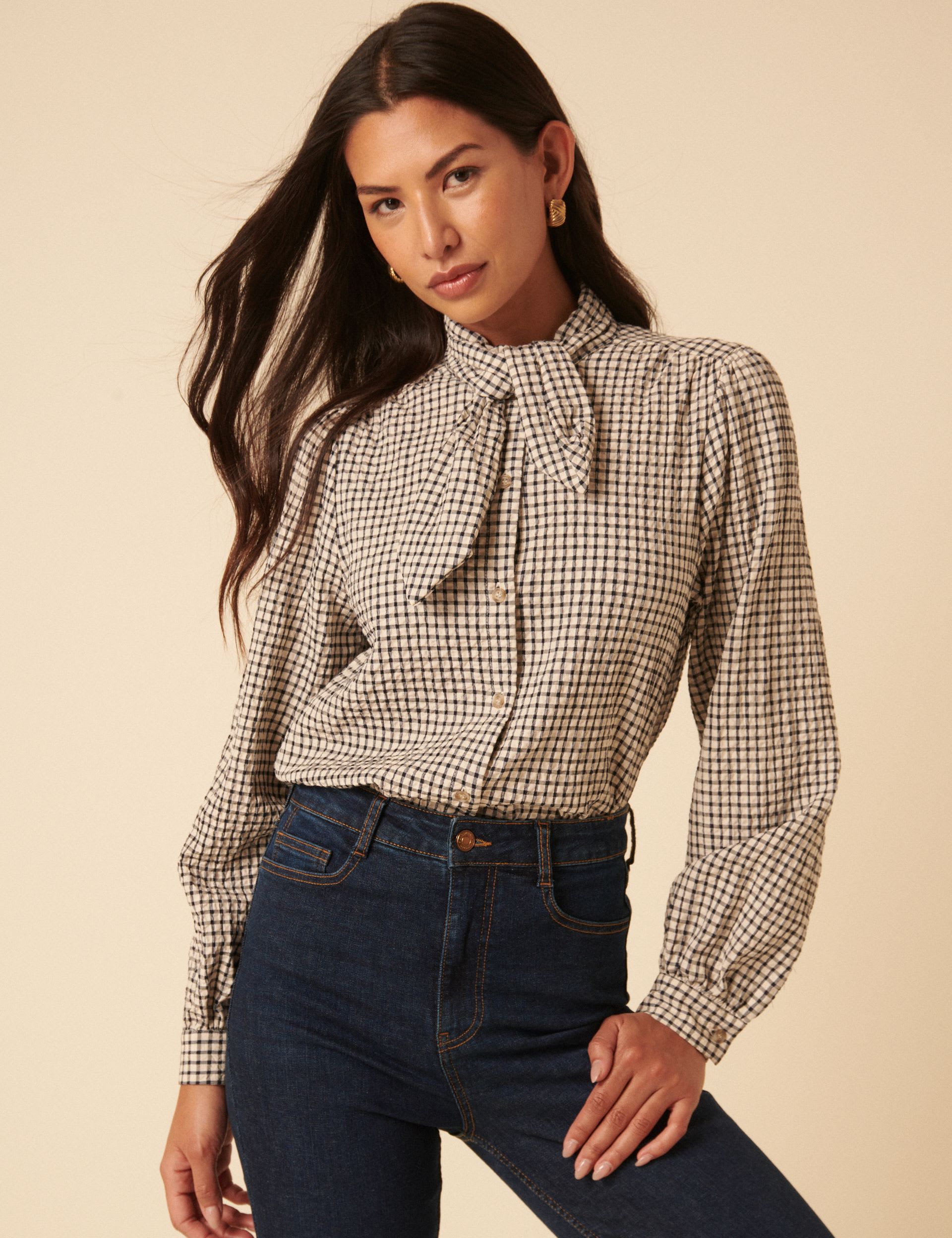 Pure Cotton Gingham Tie Neck Blouse