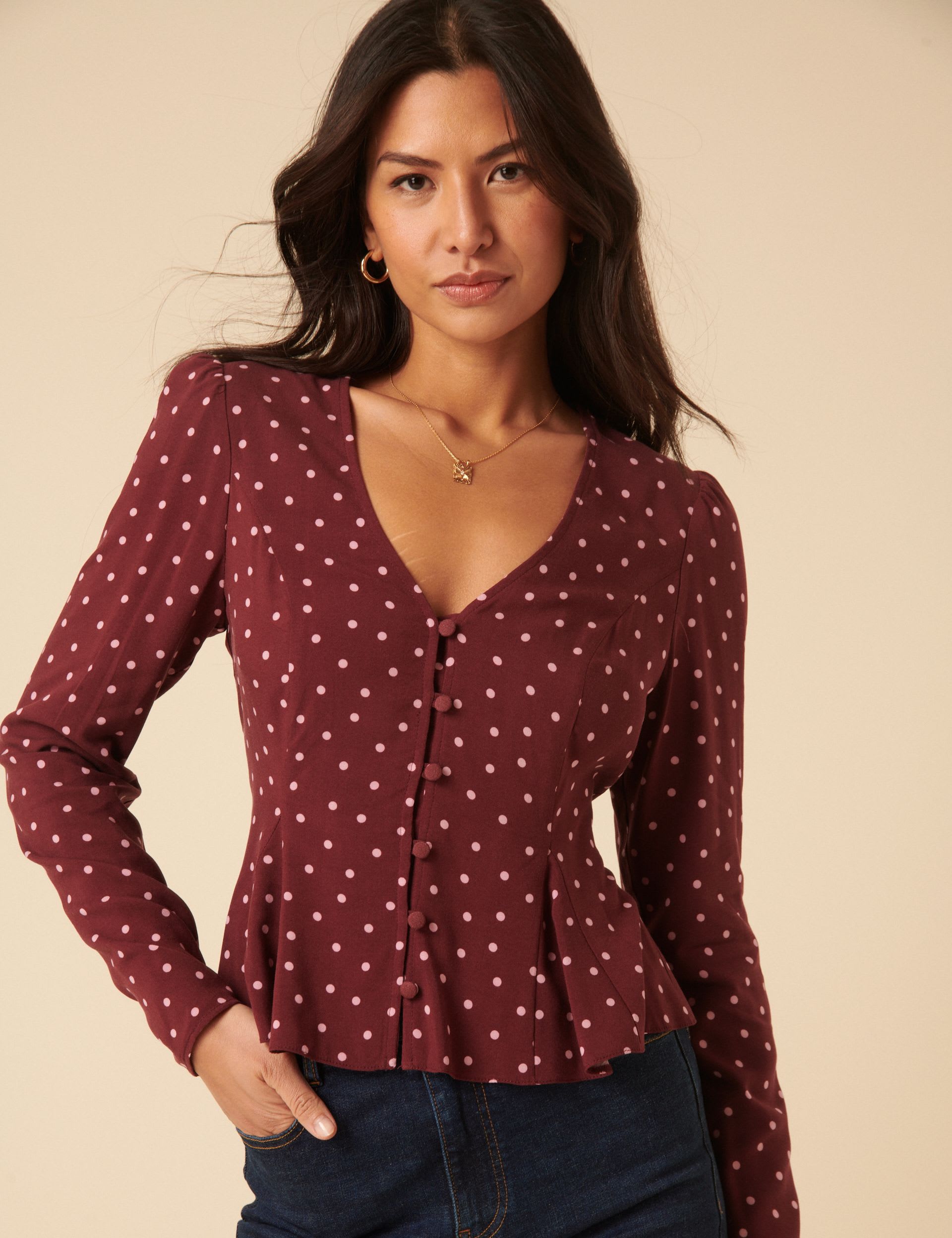 Polka Dot V-Neck Blouse
