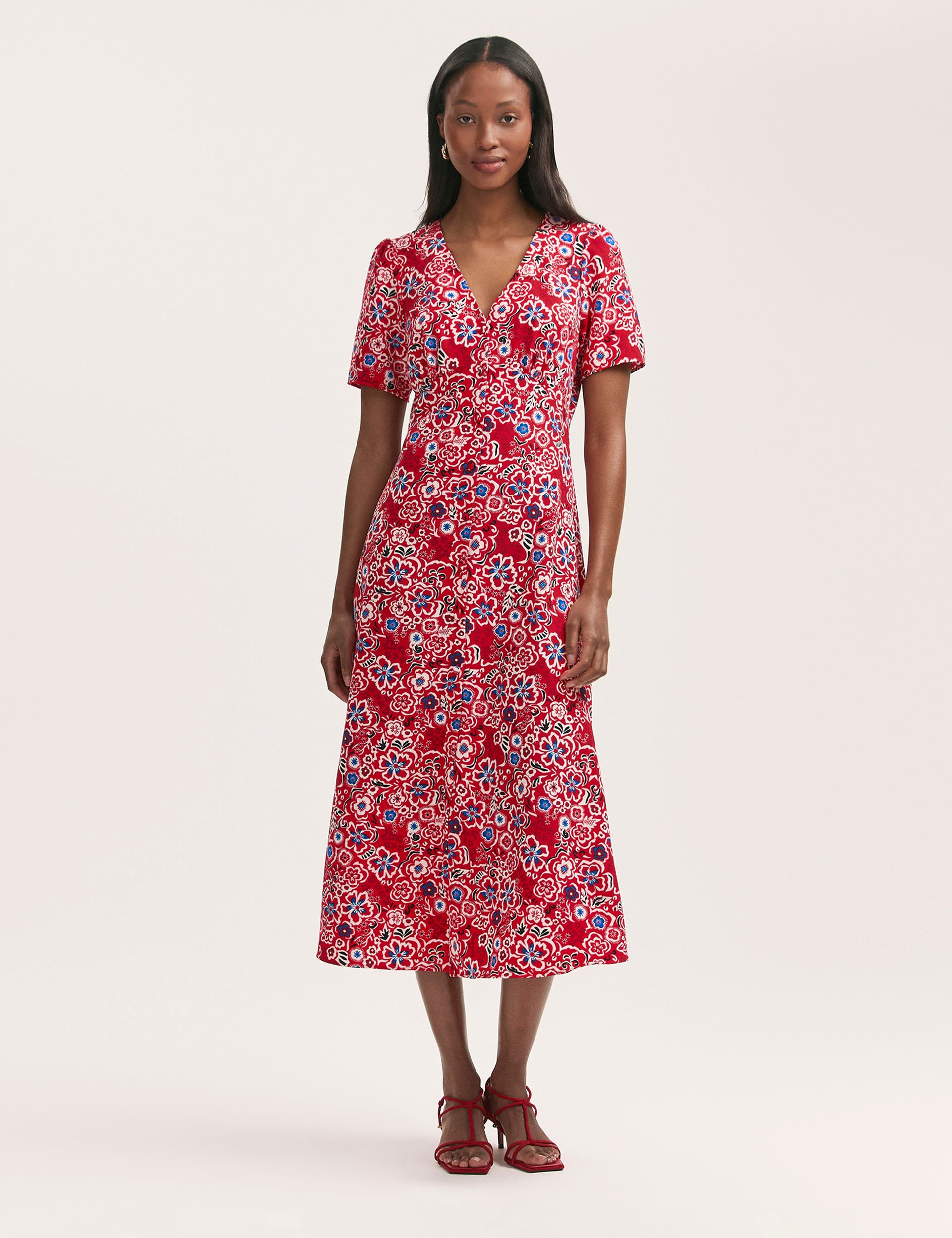 Floral V-Neck Button Through Midi Tea Dress