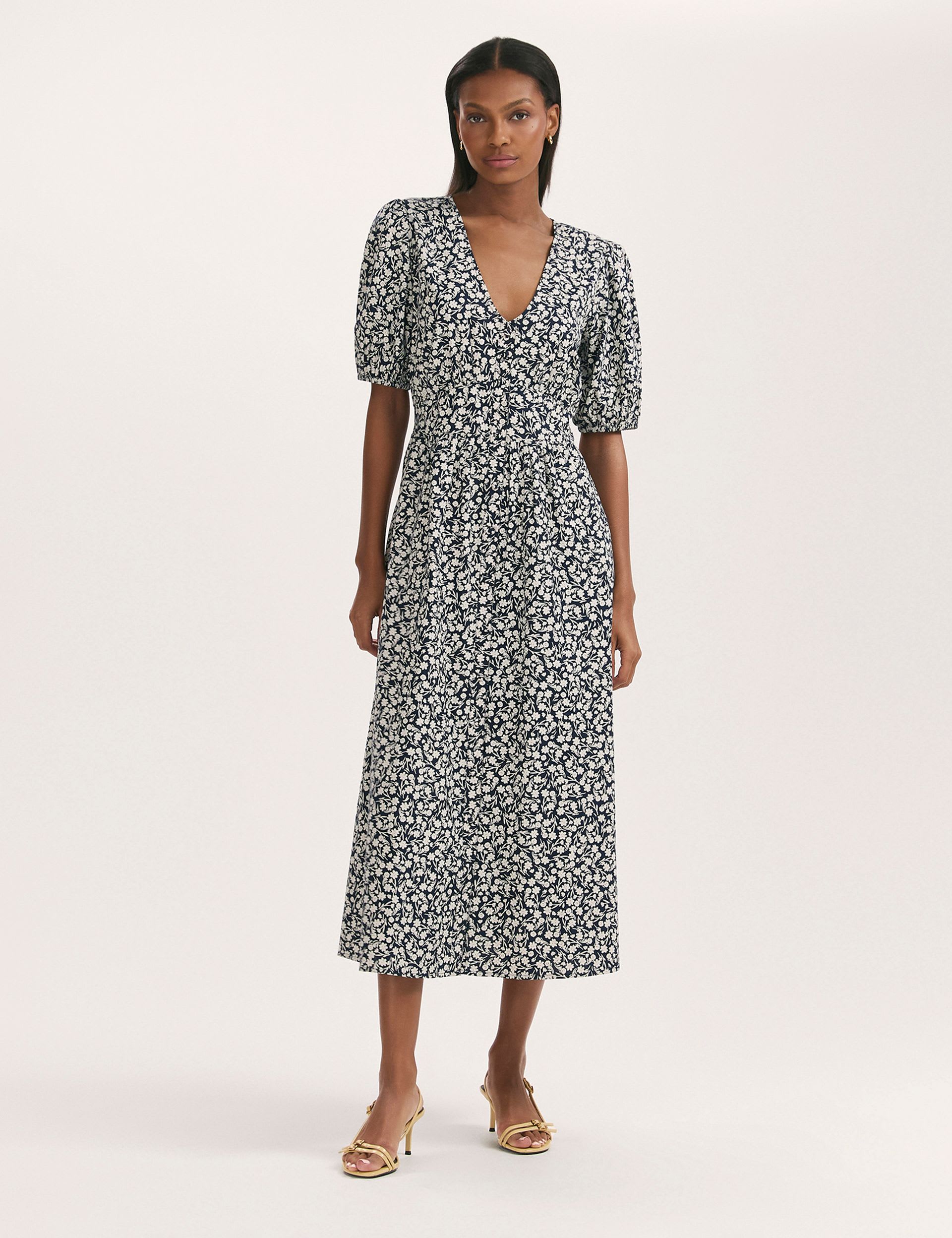 Pure Cotton Floral V-Neck Midi Waisted Dress