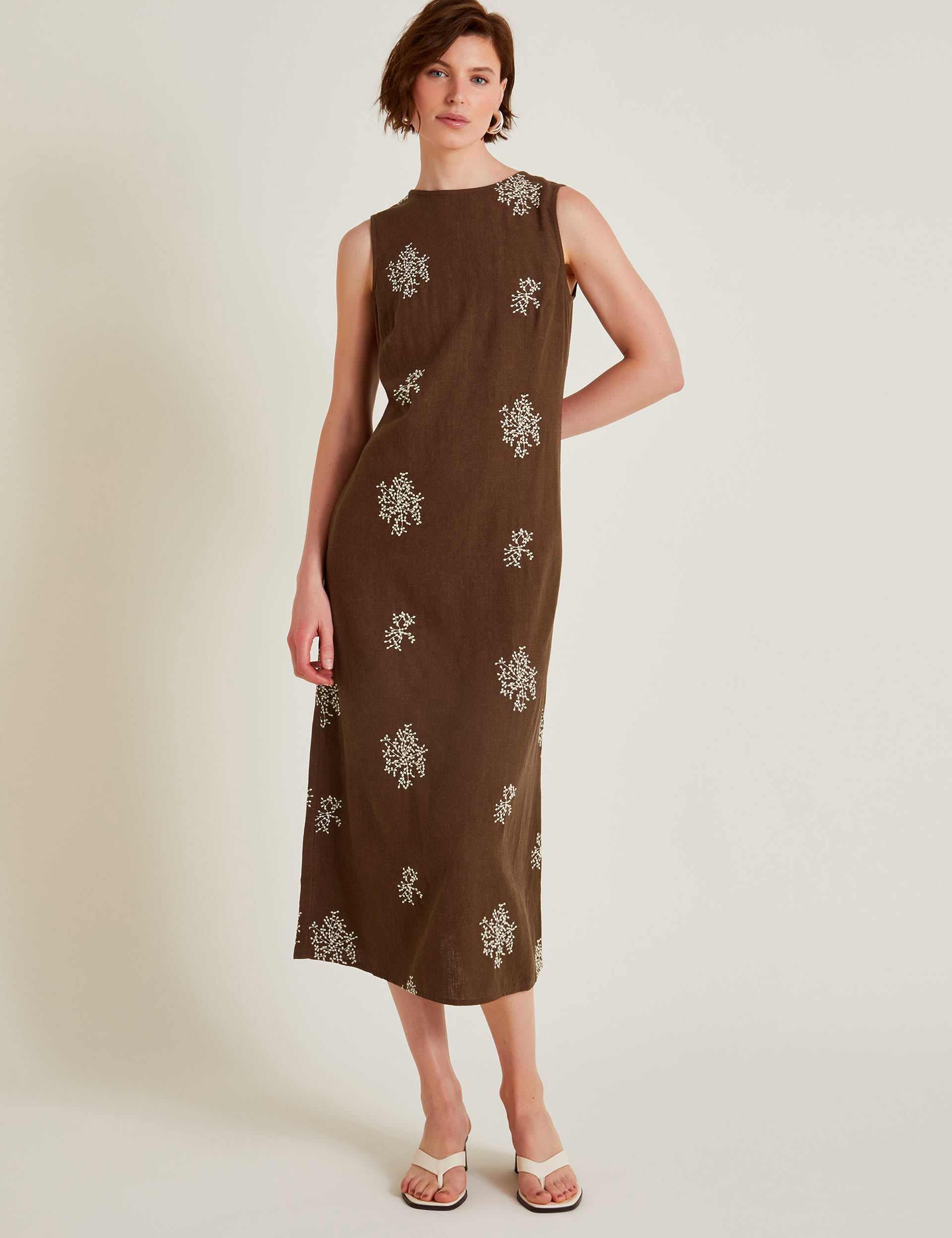 Linen Blend Embroidered Midi Column Dress Monsoon M S