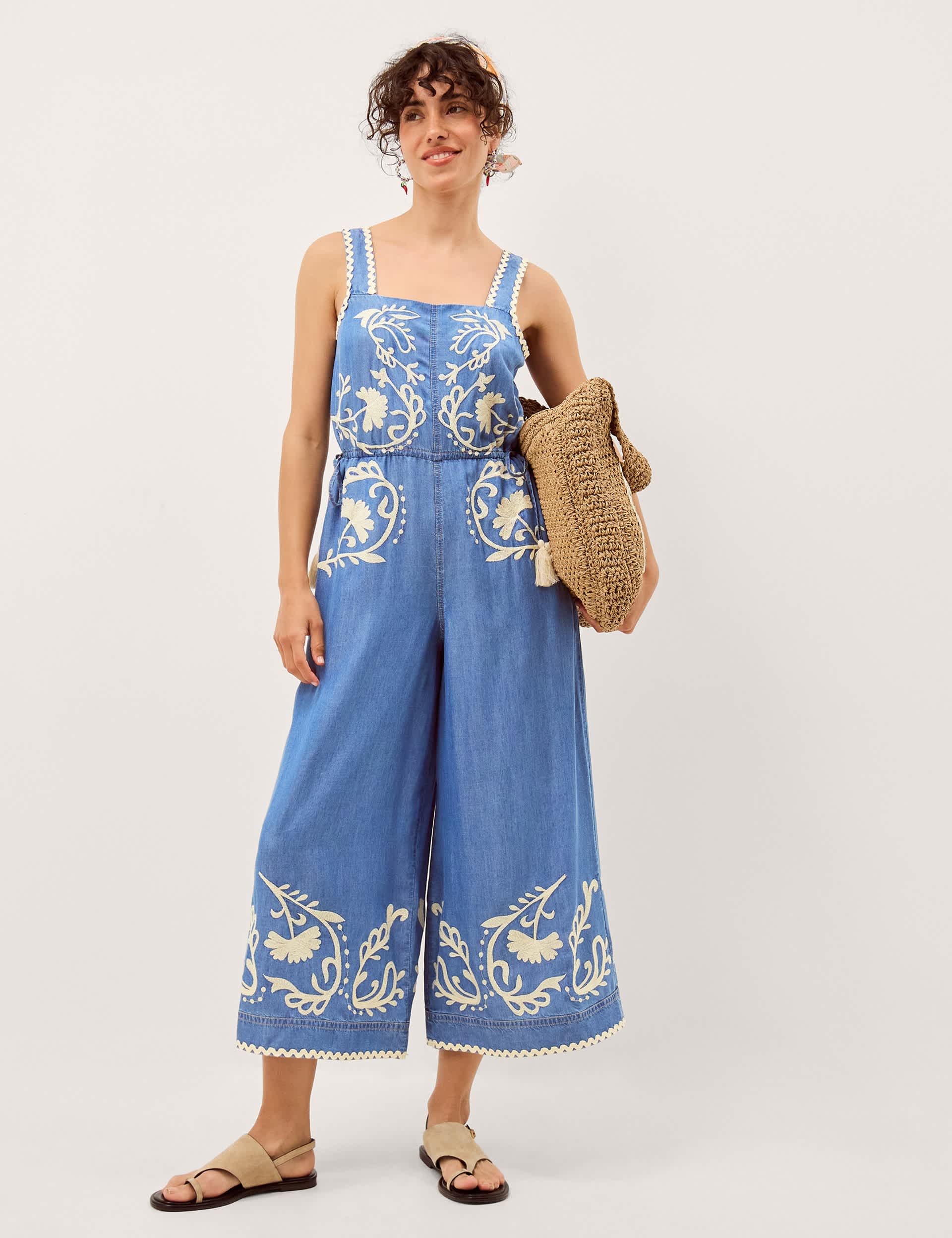 Denim Embroidered Cropped Jumpsuit