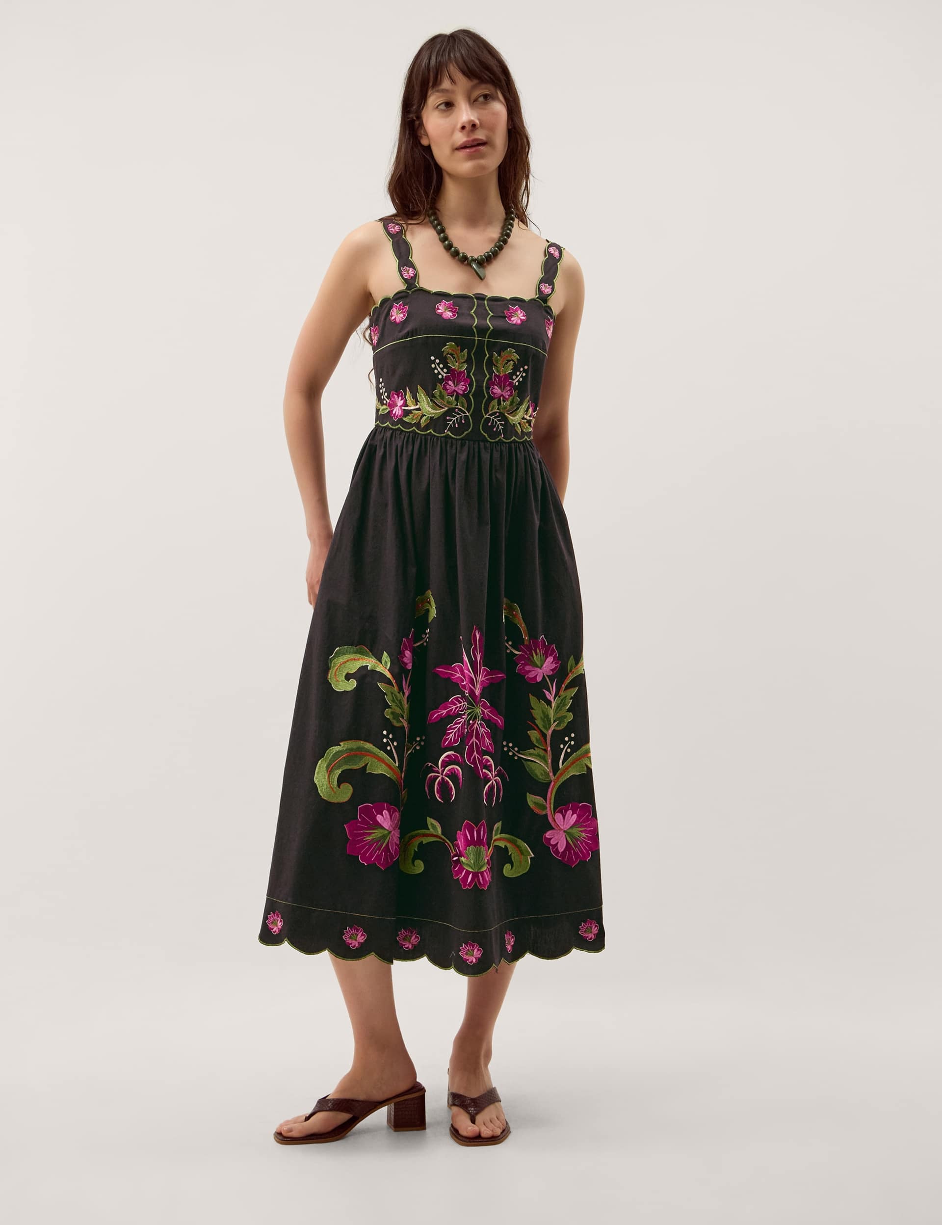 Pure Cotton Floral Embroidered Midi Dress