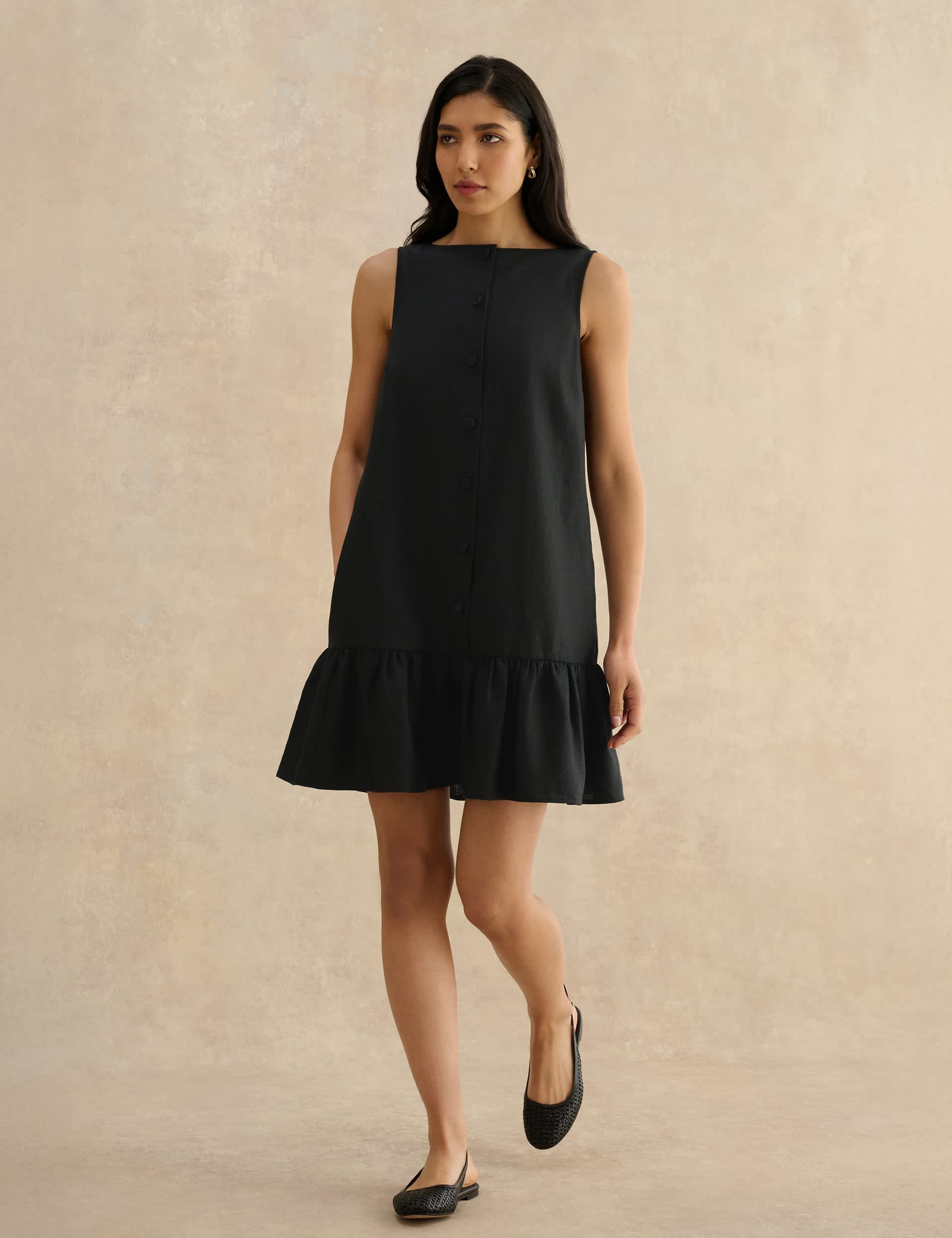 Pure Linen Button Front Mini Shift Dress