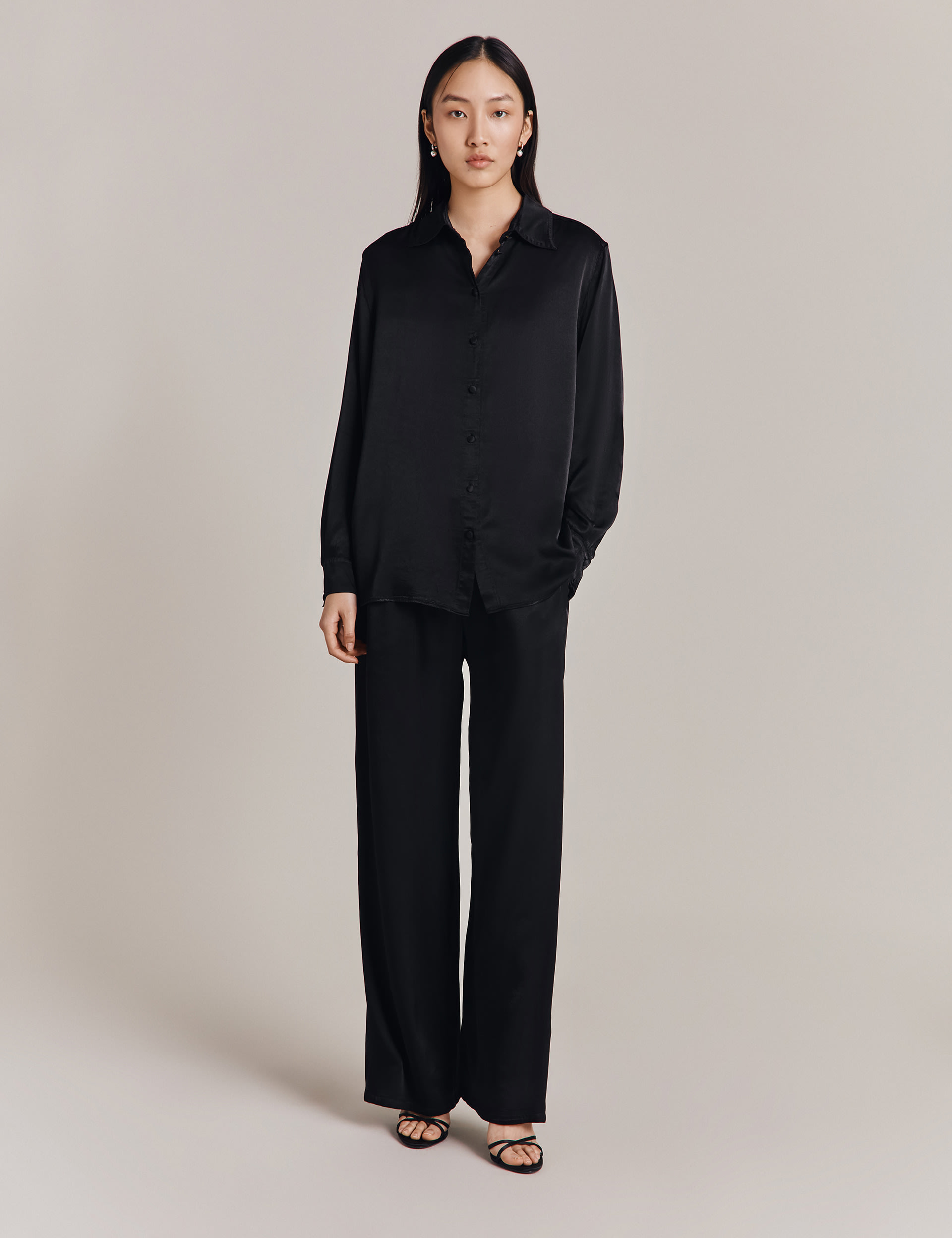 Rada Washed Satin Drawstring Wide-Leg Pants -Tropical Leaf Print
