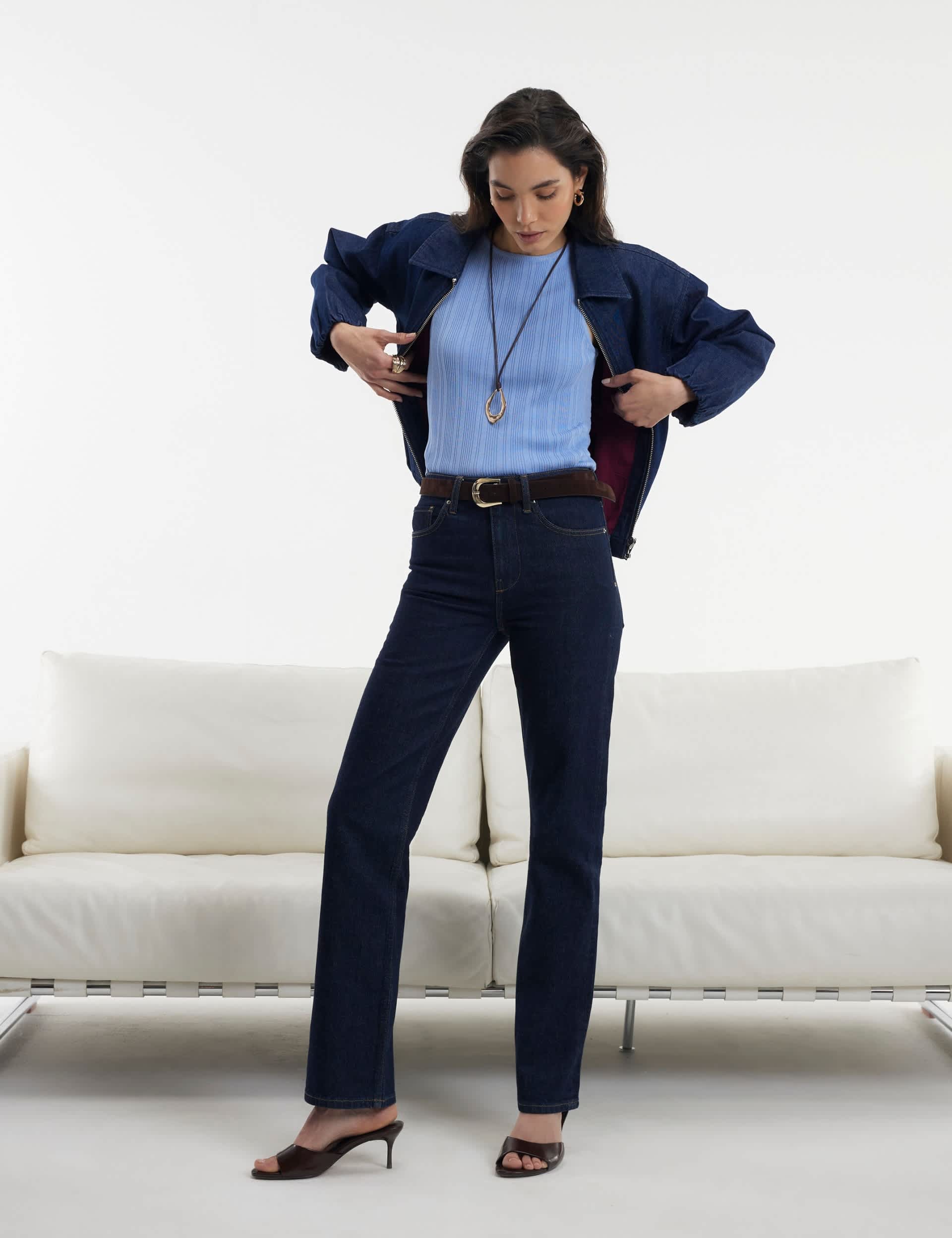 High Waisted Belted Straight Leg Jeans