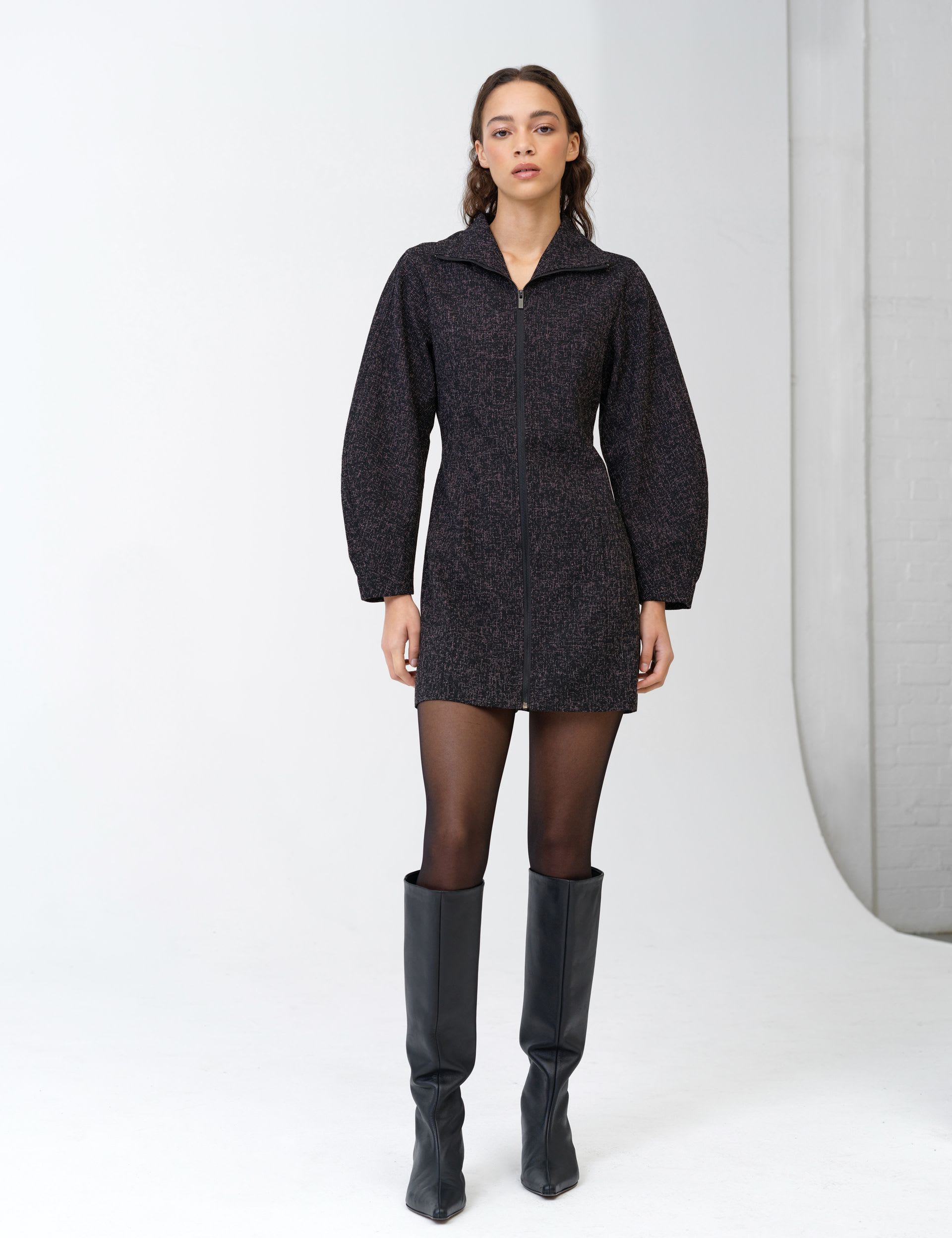 Textured Funnel Neck Mini Shift Dress