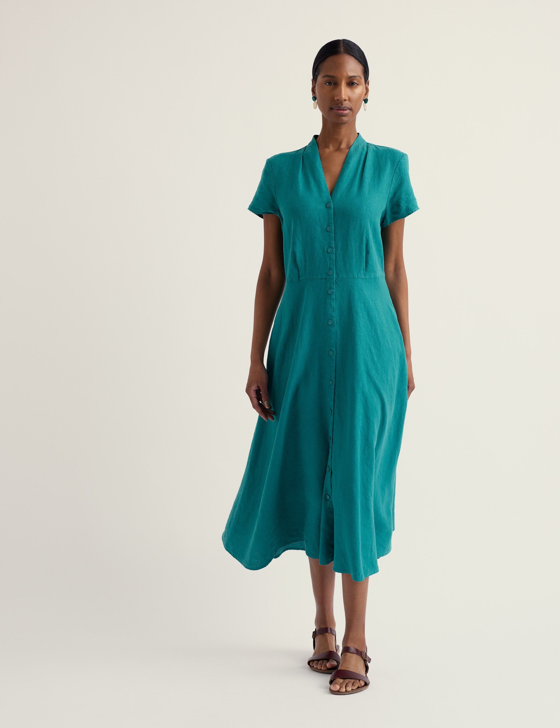 Pure Linen V Neck Midi Shirt Dress