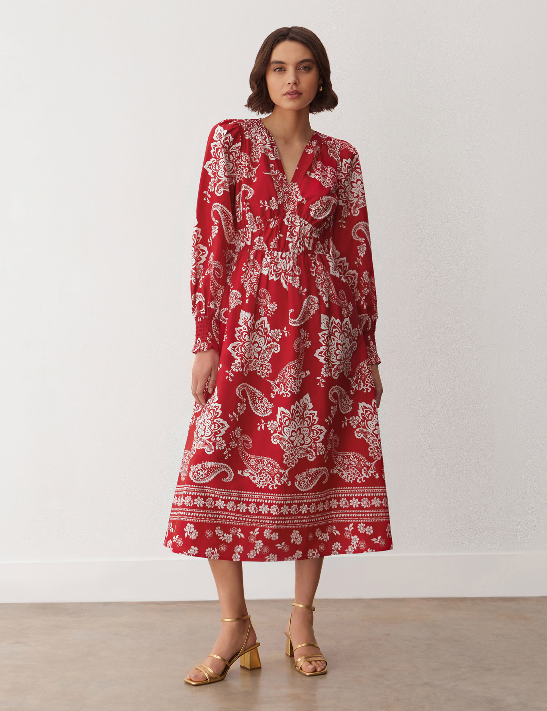 Pure Cotton Floral V-Neck Midi Waisted Dress | Finery London | M&S